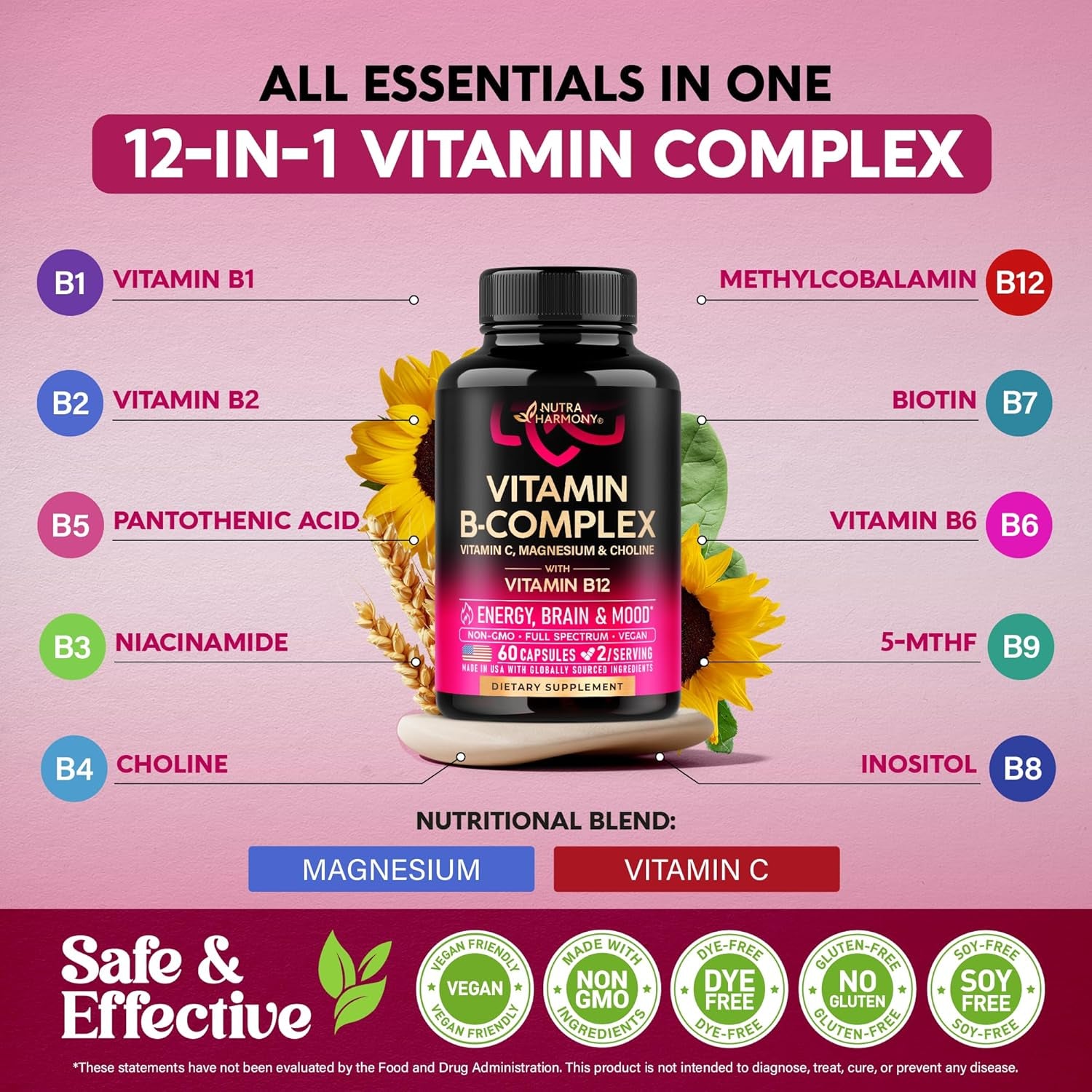 NUTRAHARMONY B-Complex Supplement — 60 Capsules | Methylcobalamin B12, Pantothenic Acid, Pyridoxine, Niacinamide | Energy & Nervous System Support
