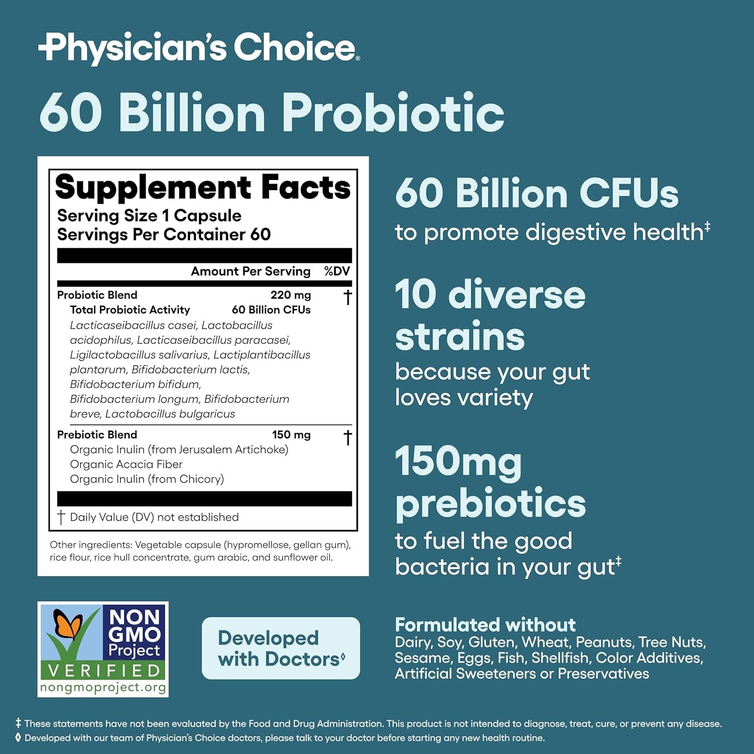 Physician's Choice 60 Billion CFU Probiotic – 10 Strains & Organic Prebiotics for Gut, Digestive & Immune Health | 60 Capsules
