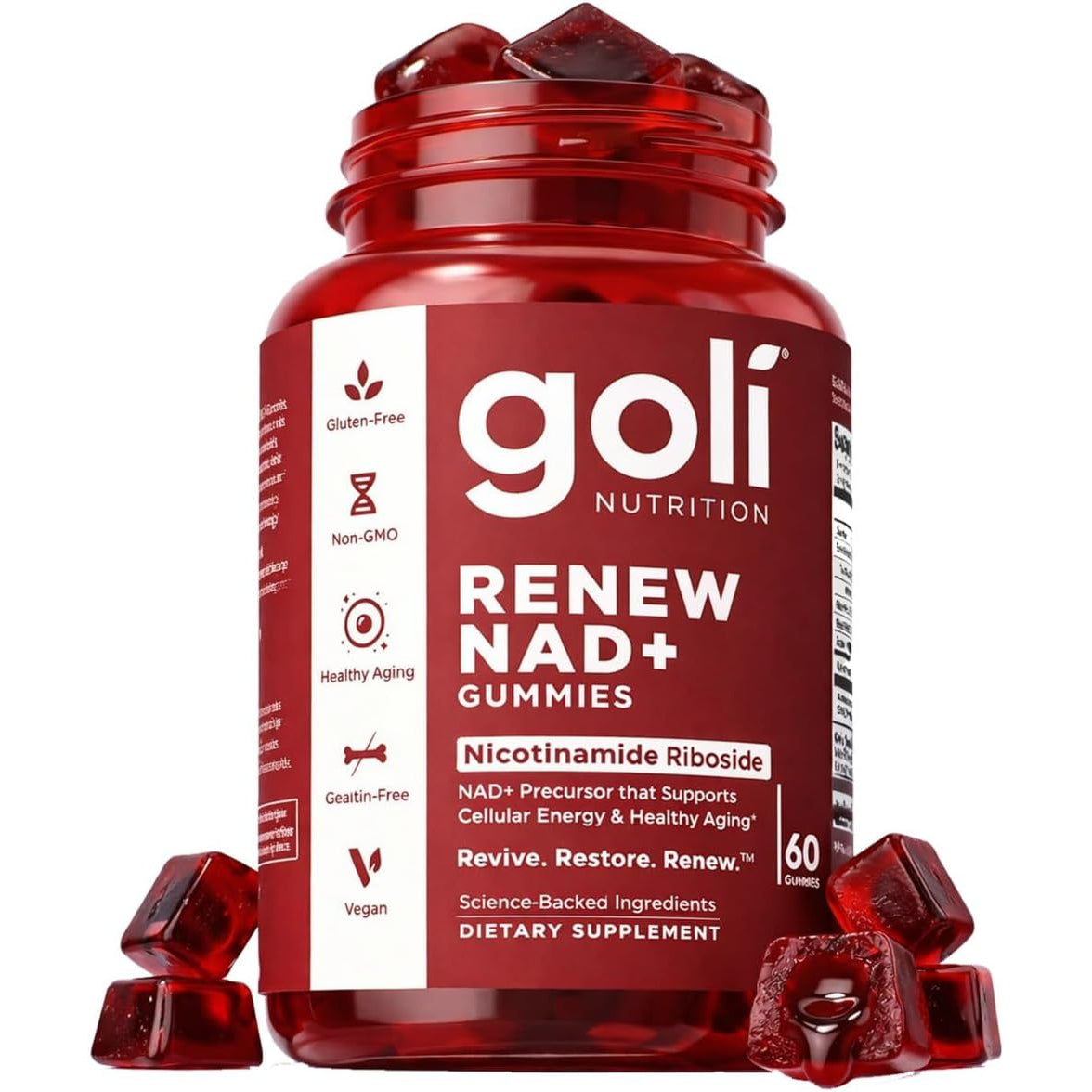 Goli World’S First Renew NAD+, 60 Count – Nicotinamide Riboside (NR) – Cellular Energy & Healthy Aging Support – Vegan, Non-Gmo, Gelatin-Free Liquid-Center Gummies