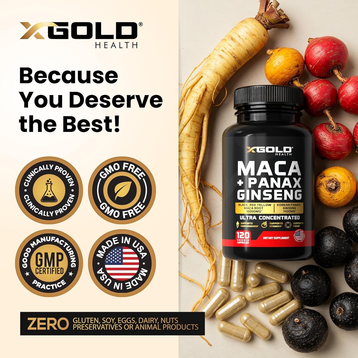X Gold Health Maca + Panax Ginseng – 120 Capsules | Energy, Focus & Stamina Boost