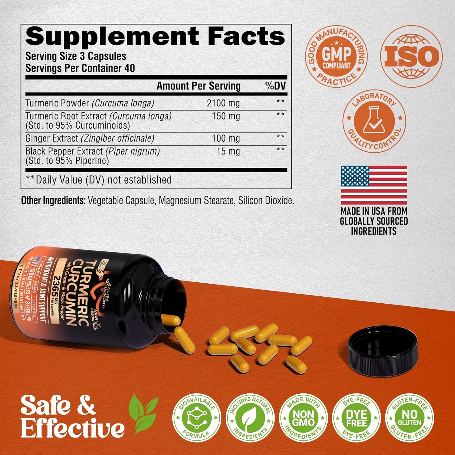 NUTRAHARMONY Turmeric Curcumin Supplement — 120 Capsules | 2,365mg High-Strength Formula | Enhanced Bioavailability | Anti-Inflammatory Support