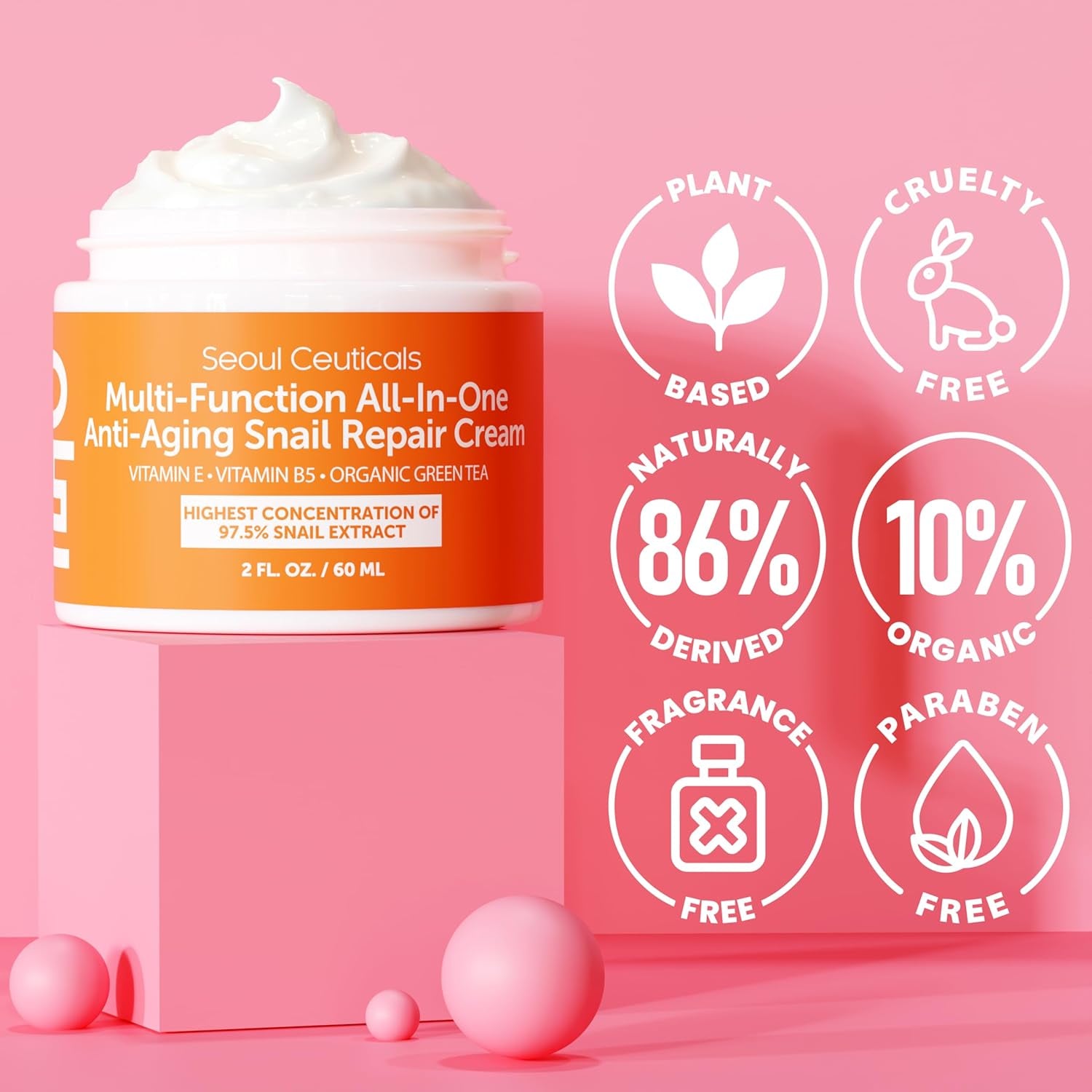 SeoulCeuticals 97.5% Snail Mucin Moisturising Cream – Korean Anti-Ageing Repair for Face | Day & Night | 60ml | K-Beauty