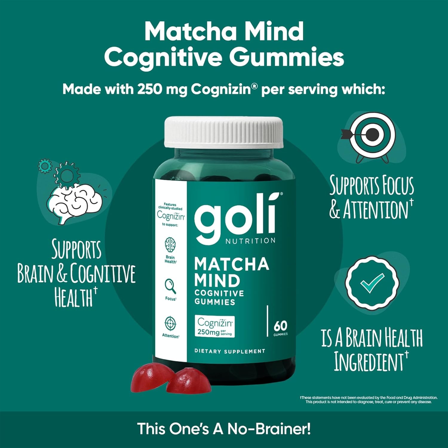 Goli Matcha Mind Cognitive Gummies with Cognizin Citicoline - 250Mg Citicoline plus Matcha Powder - Brain Health and Focus Support - Vegan, Non-Gmo, Gluten-Free
