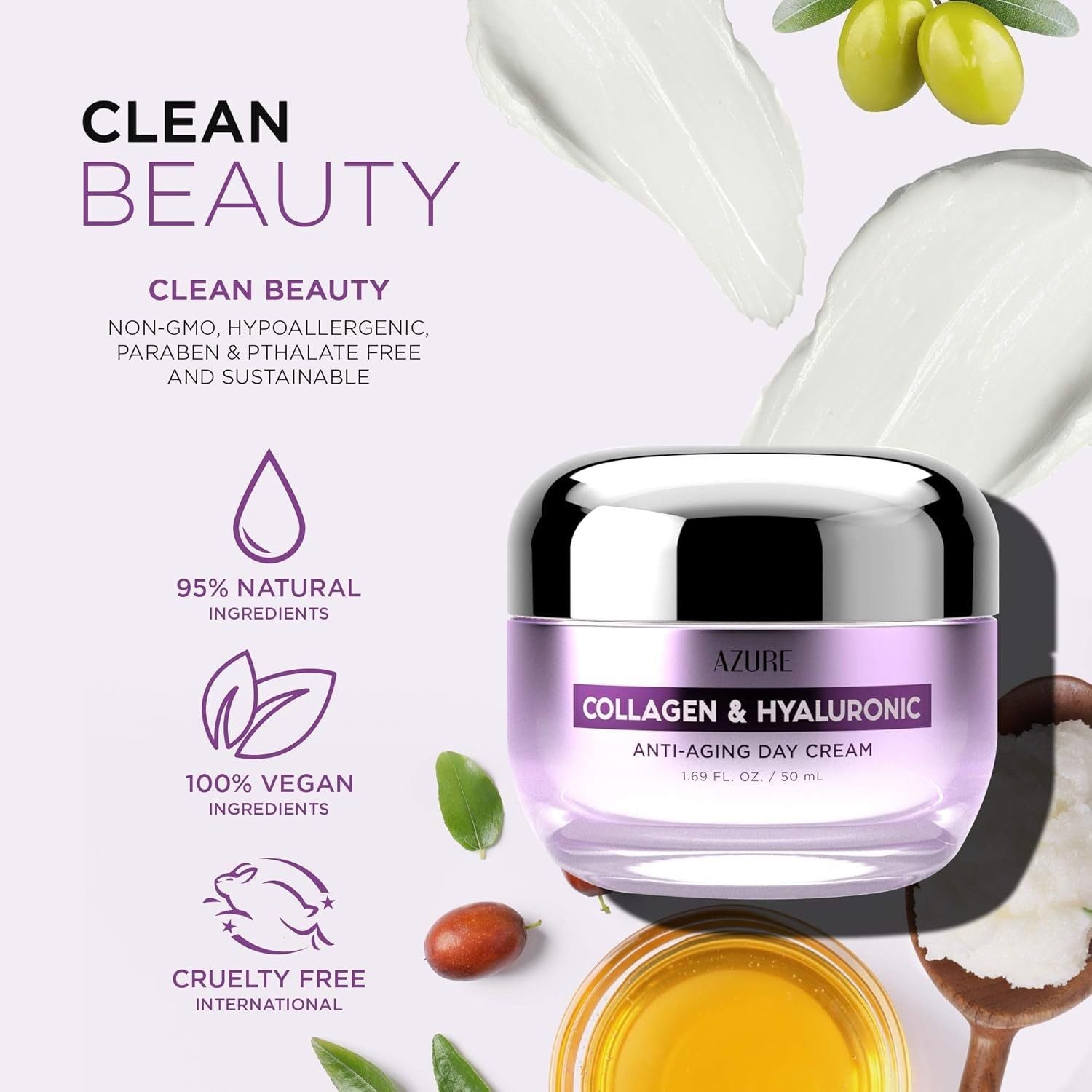 Azure Cosmetics Collagen & Hyaluronic Anti-Aging Day Cream – 50ml | Firming & Radiance-Boosting Hydration