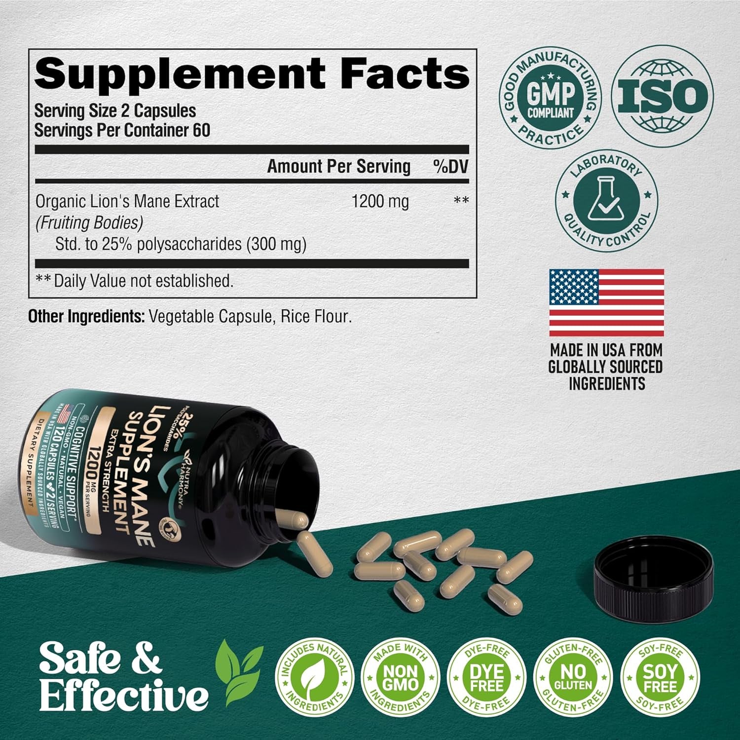NUTRAHARMONY Lion's Mane Mushroom Supplement — 120 Capsules | High-Strength Polysaccharides | Brain, Focus & Cognitive Support