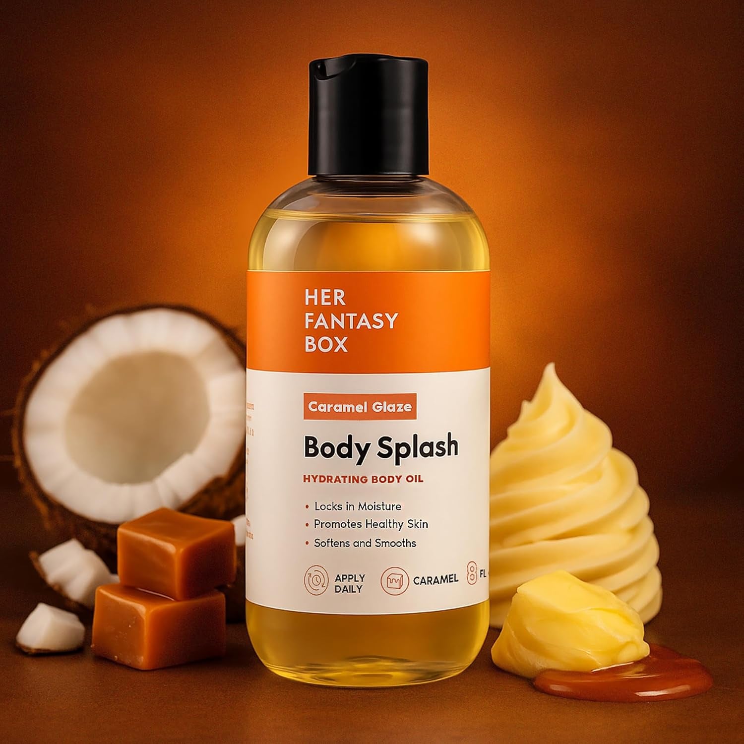 Her Fantasy Box | Body Splash Caramel Glaze Fragrance Oil – Warm Caramel & Vanilla Gourmand Scent, Lightweight Hydrating Body Oil, Vegan & Cruelty Free