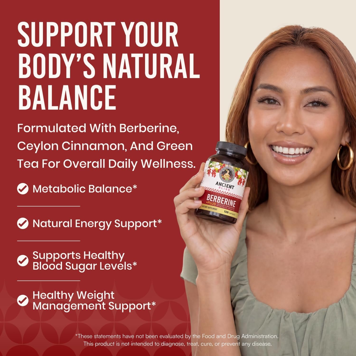Ancient Bliss Berberine HCL 1200Mg with Ceylon Cinnamon, Bitter Melon, and Green Tea Extract - 120 Capsules