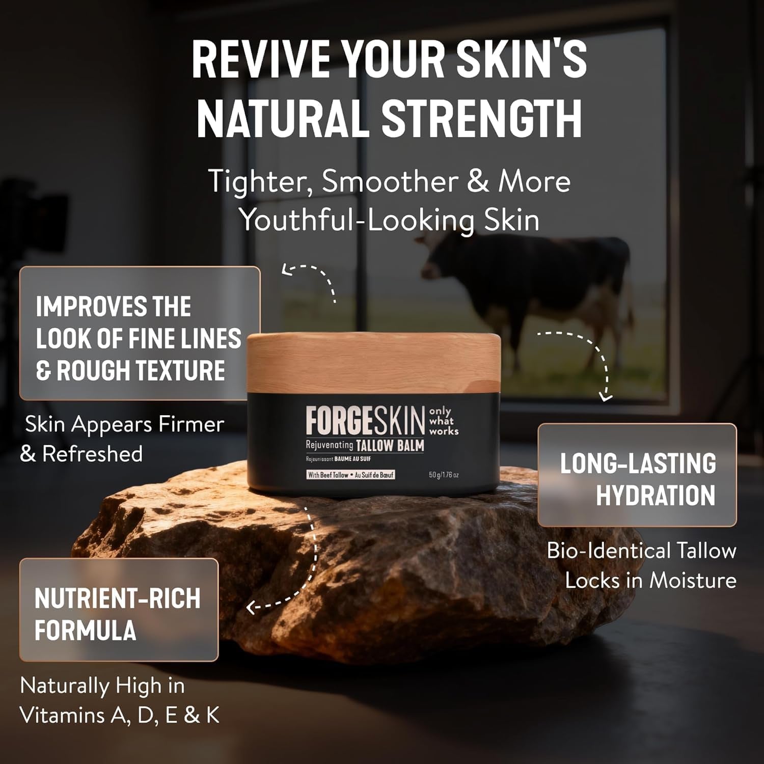 Forge Skin Wrinkle Defence Beef Tallow Balm for Men – 48g | Grass-Fed Tallow & Essential Oils | Face & Body Anti-Ageing Hydration Cream