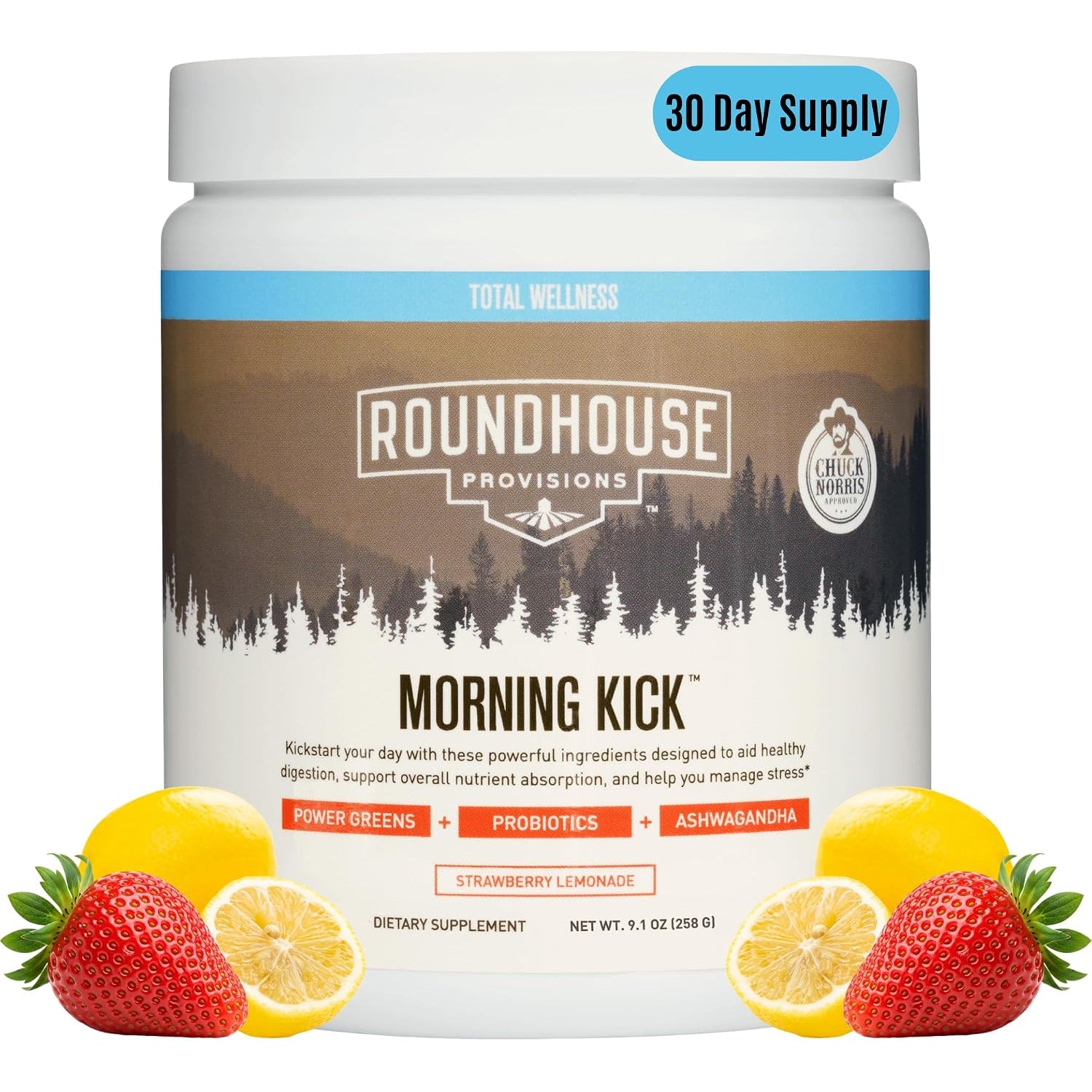 Roundhouse Provision Morning Kick greens powder, strawberry lemonade