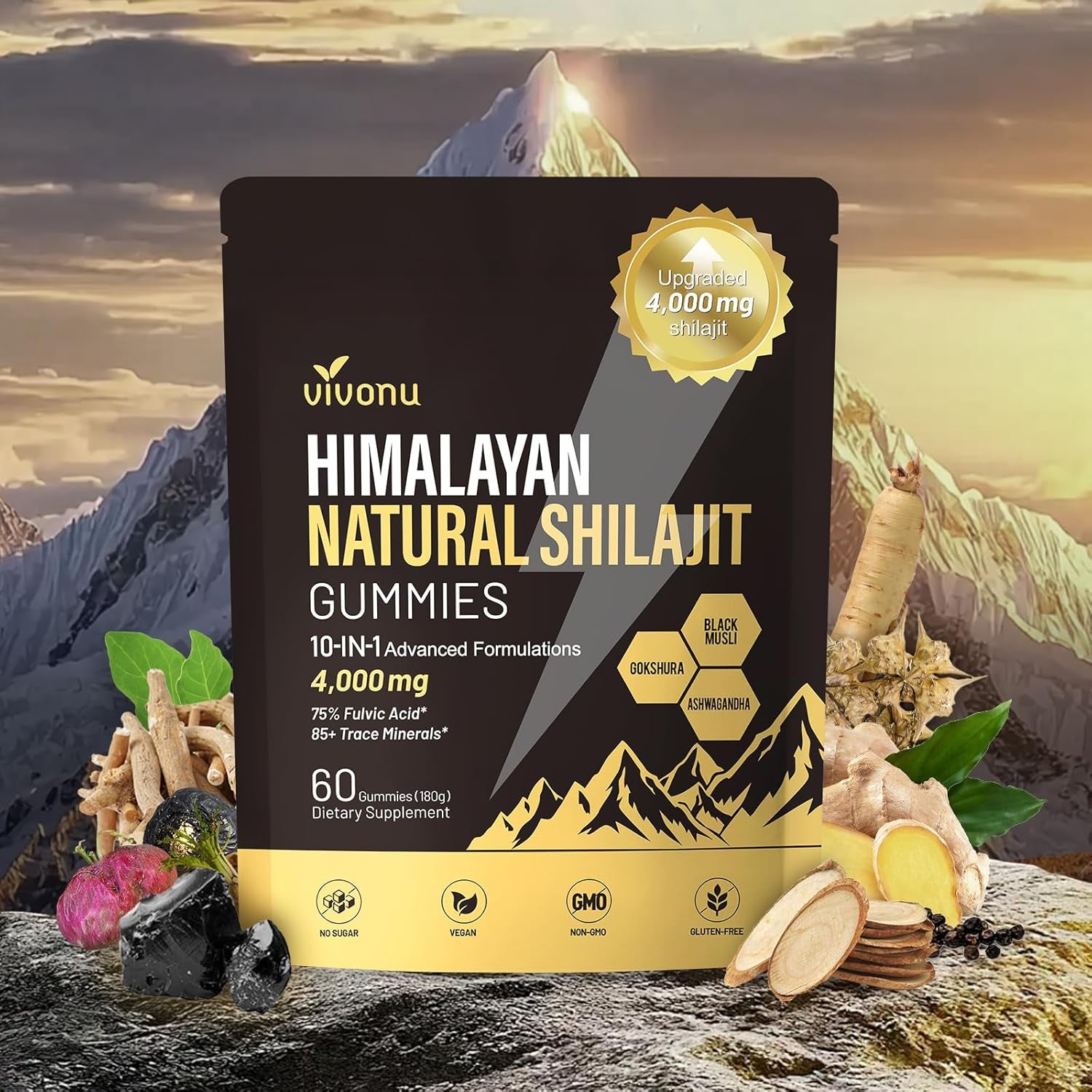 VivoNu Pure Himalayan Shilajit Gummies – 4,000mg | Ashwagandha, Gokshura, Fulvic Acid & 85+ Trace Minerals | Energy & Vitality Support for Men & Women