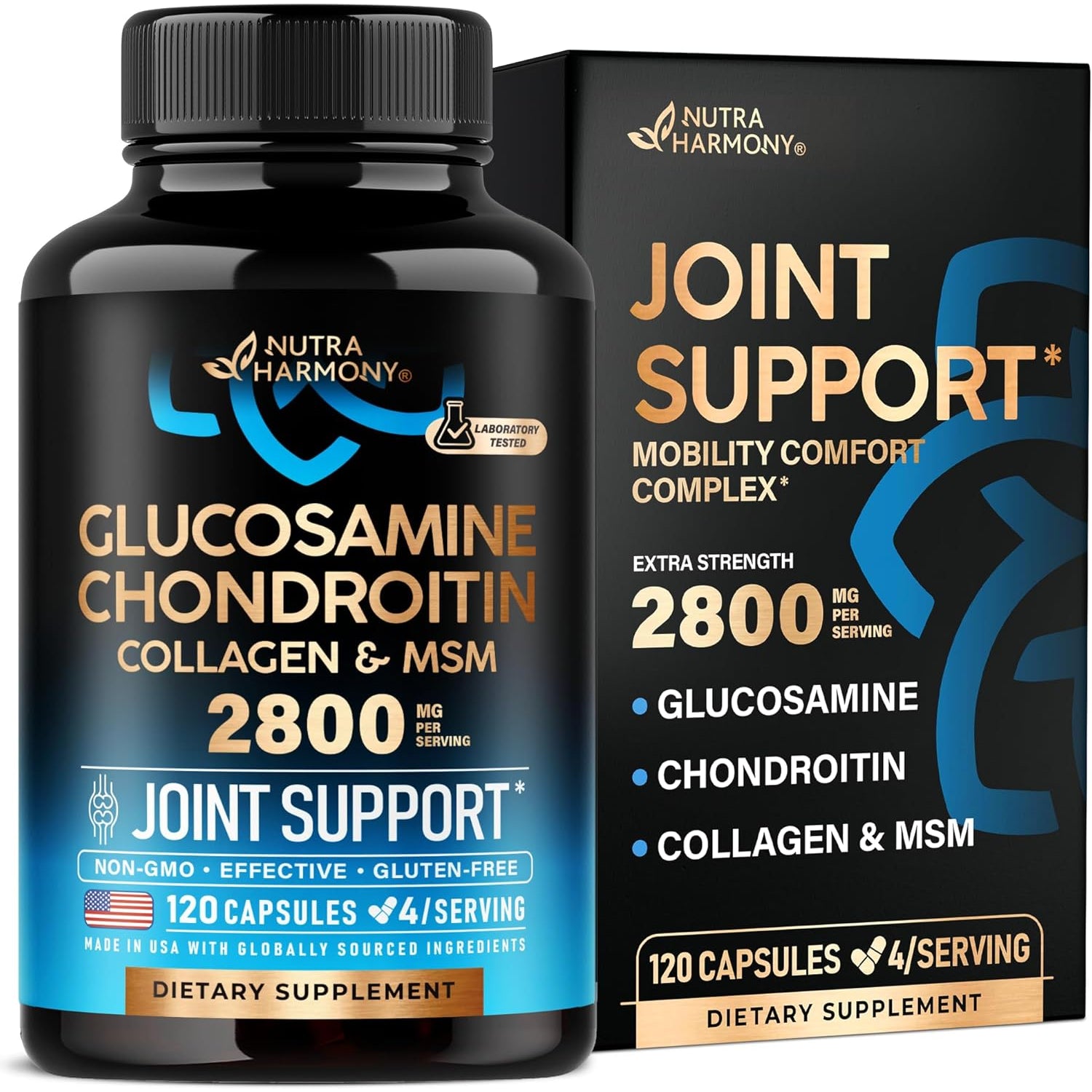 NUTRAHARMONY Glucosamine, Chondroitin & Collagen Complex — 120 Capsules | Joint Flexibility, Comfort & Mobility Support