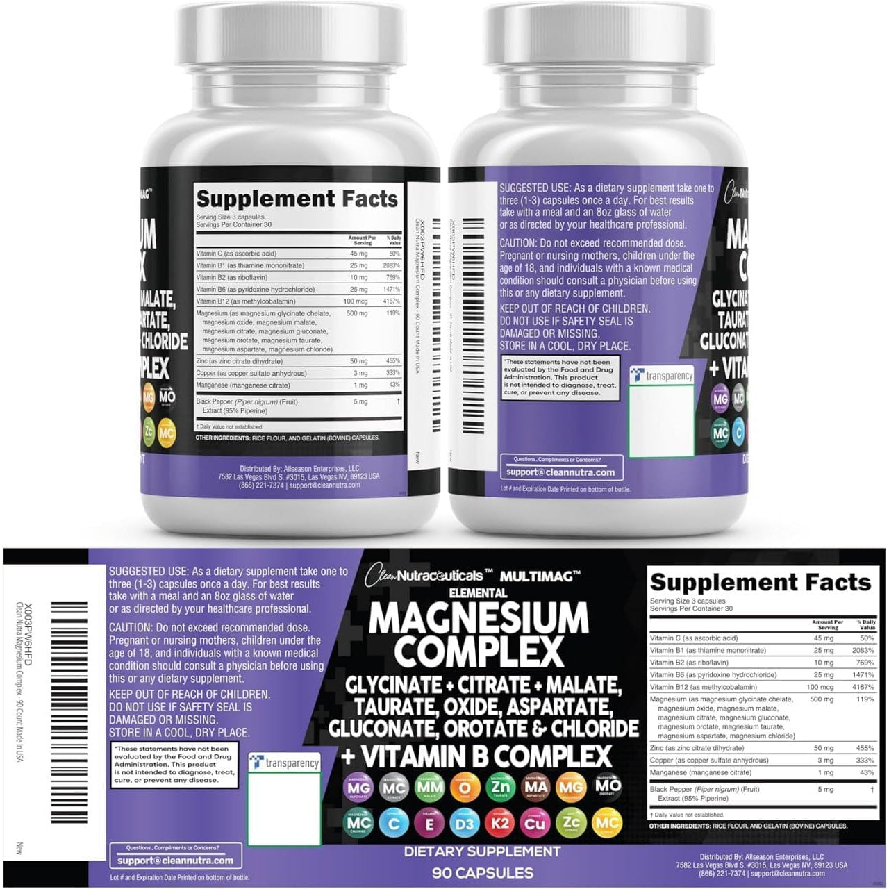 Clean Nutraceuticals 8-in-1 Magnesium Complex – 90 Capsules | Glycinate, Citrate, Malate & Orotate | Zinc, Copper, Manganese & Vitamins C, B1, B2, B6 & B12