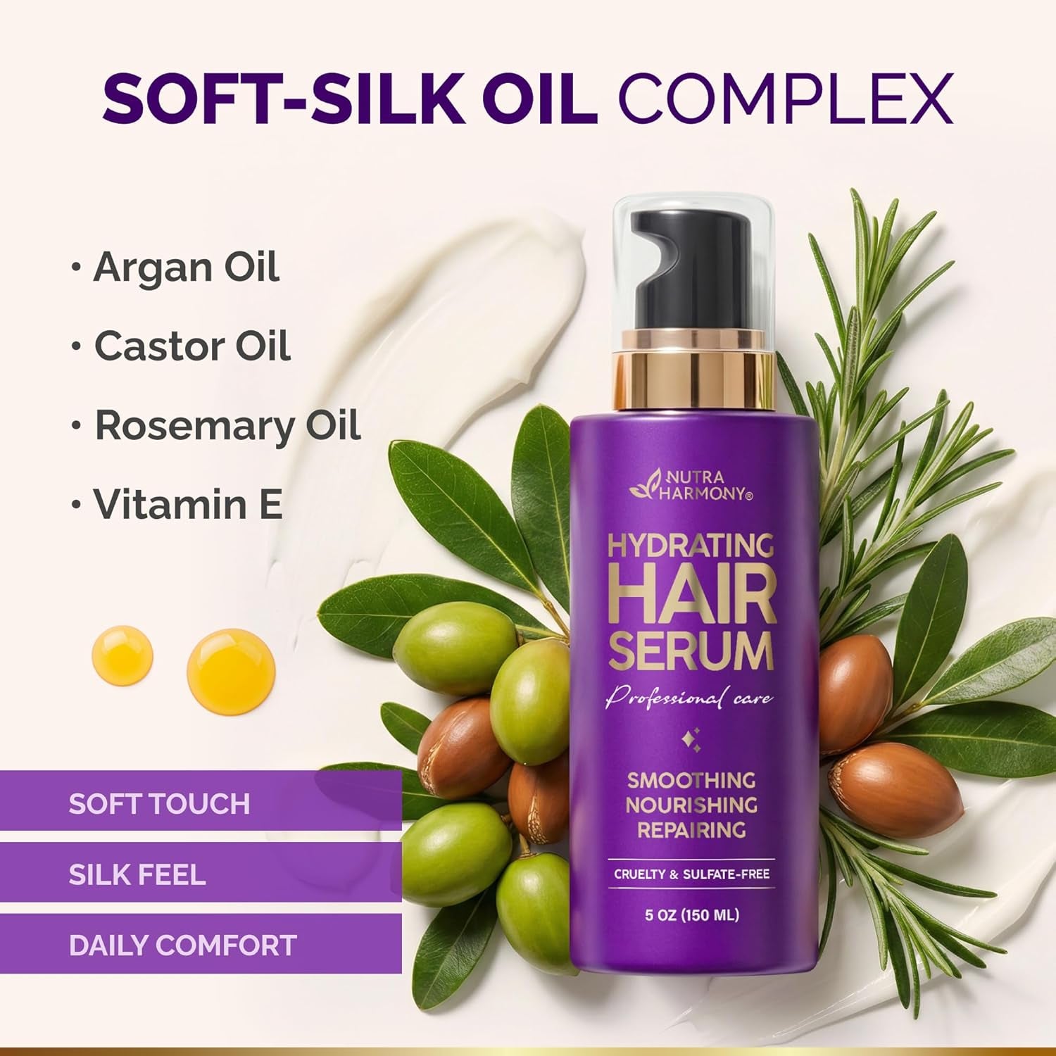 NUTRAHARMONY Hydrating Hair Serum -150ml | Anti-Frizz & Heat Protectant for Dry, Damaged Hair | Lightweight Smoothing Formula