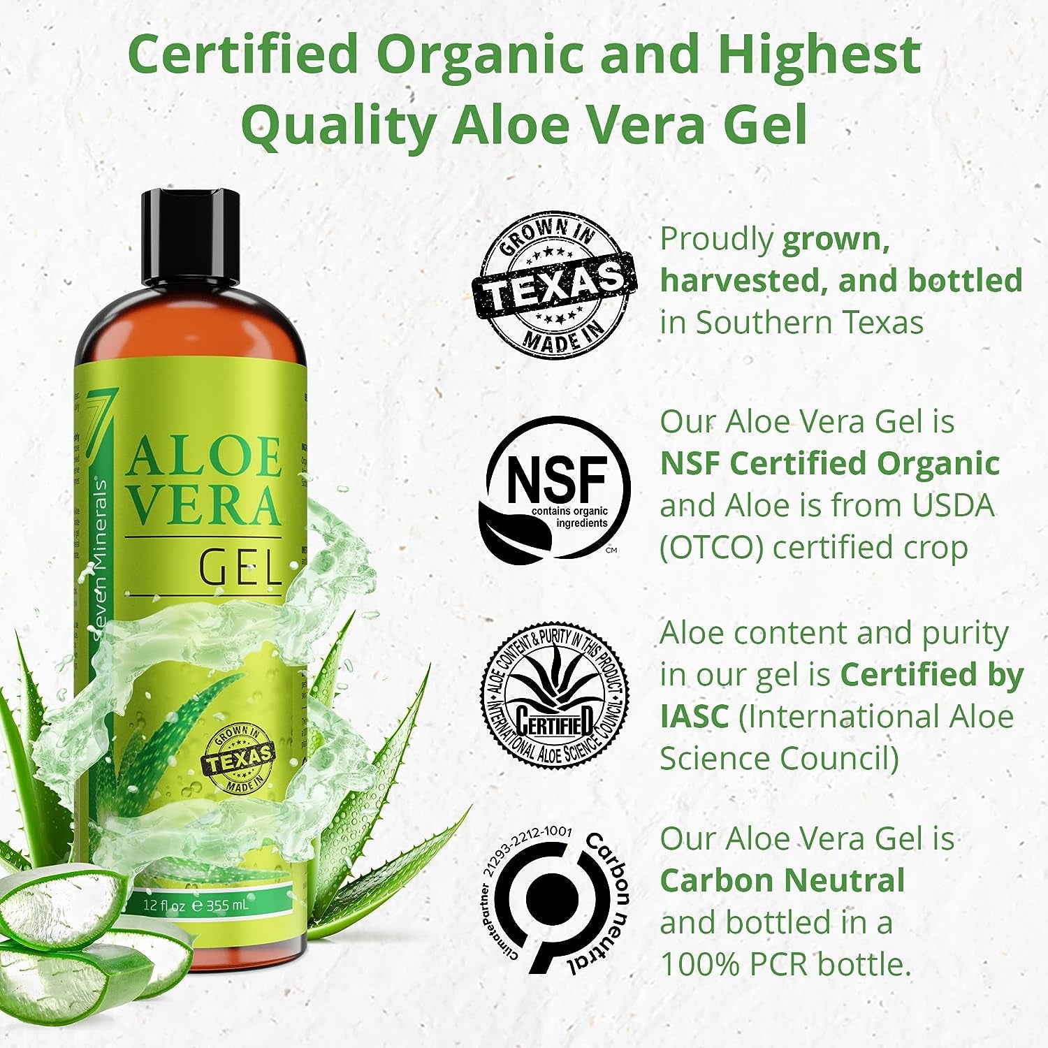 Seven Minerals Aloe Vera Gel with Freshly Cut Pure Organic Aloe - Big 12Oz - Texas Grown, Highestquality, Vegan, Unscented, Non-Sticky - after Sun, Sunburn Relief, Skin & Face Moisturizer, Hair Mask