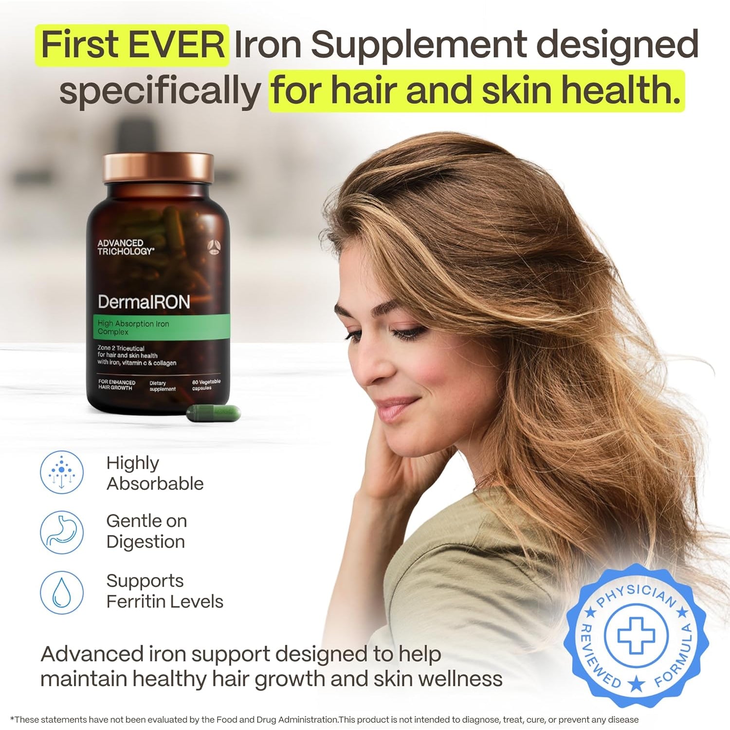 Dermairon Iron Supplement for Women & Men – Gentle Iron for Low Ferritin & Anemia Support, Hair Thinning & Hair Loss Support, with Collagen & Vitamin C