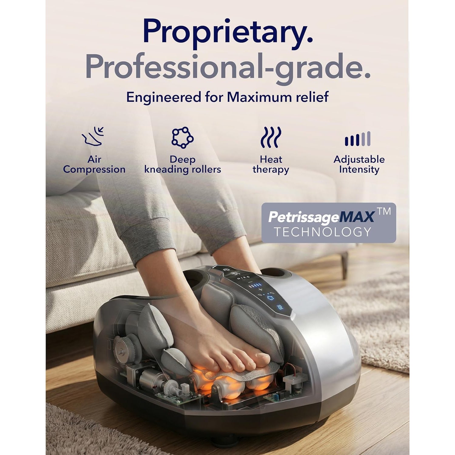 MIKO Foot Massager Machine - Deep Kneading, Shiatsu, Air Compression, and Heat Therapy - Plantar Fasciitis, Diabetics, Neuropathy, Fits up to Men Size 12