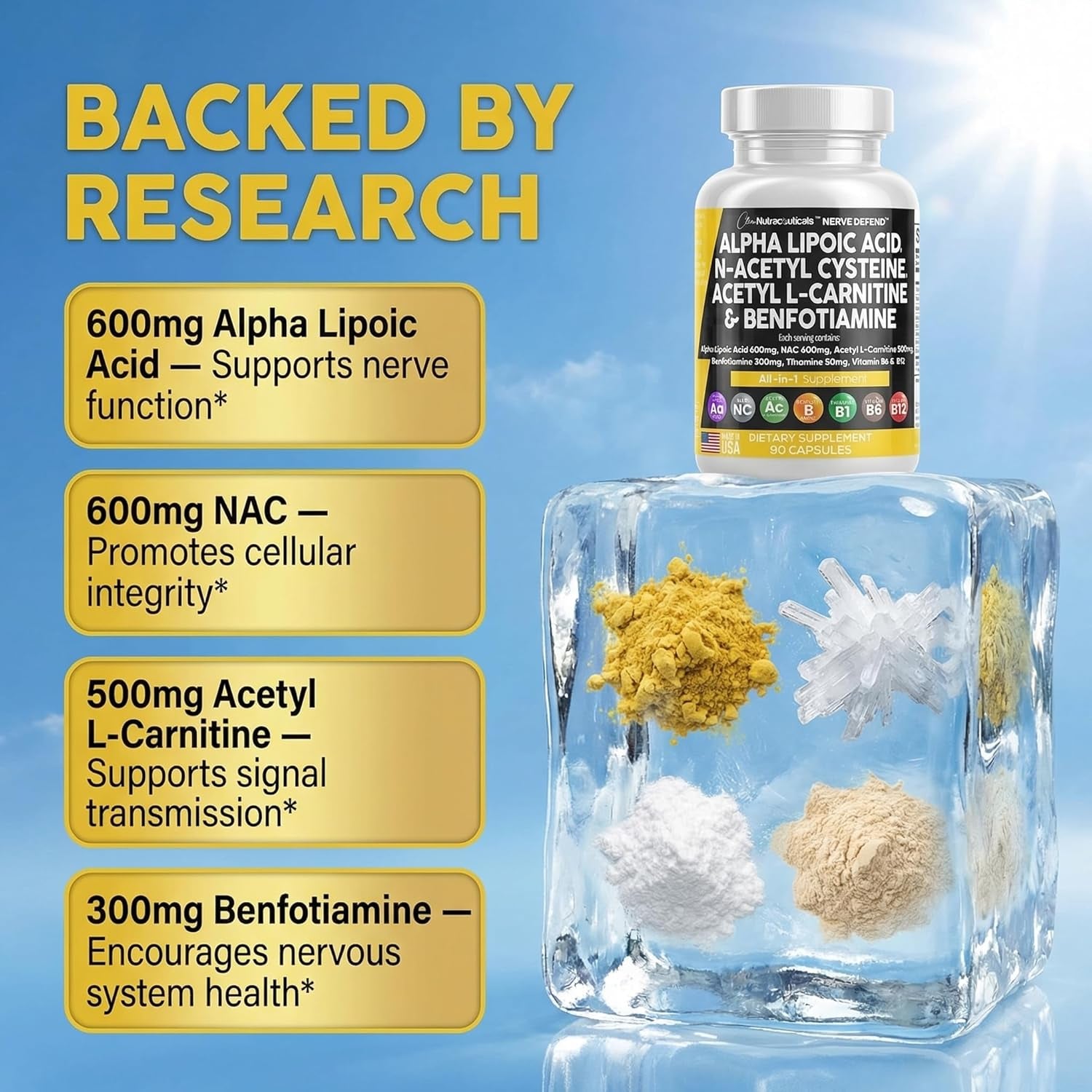 Clean Nutraceuticals Nerve Support Complex – 90 Capsules | Alpha Lipoic Acid 600mg, NAC 600mg, Acetyl L-Carnitine 500mg & Benfotiamine 300mg | Vitamins B1, B6 & B12