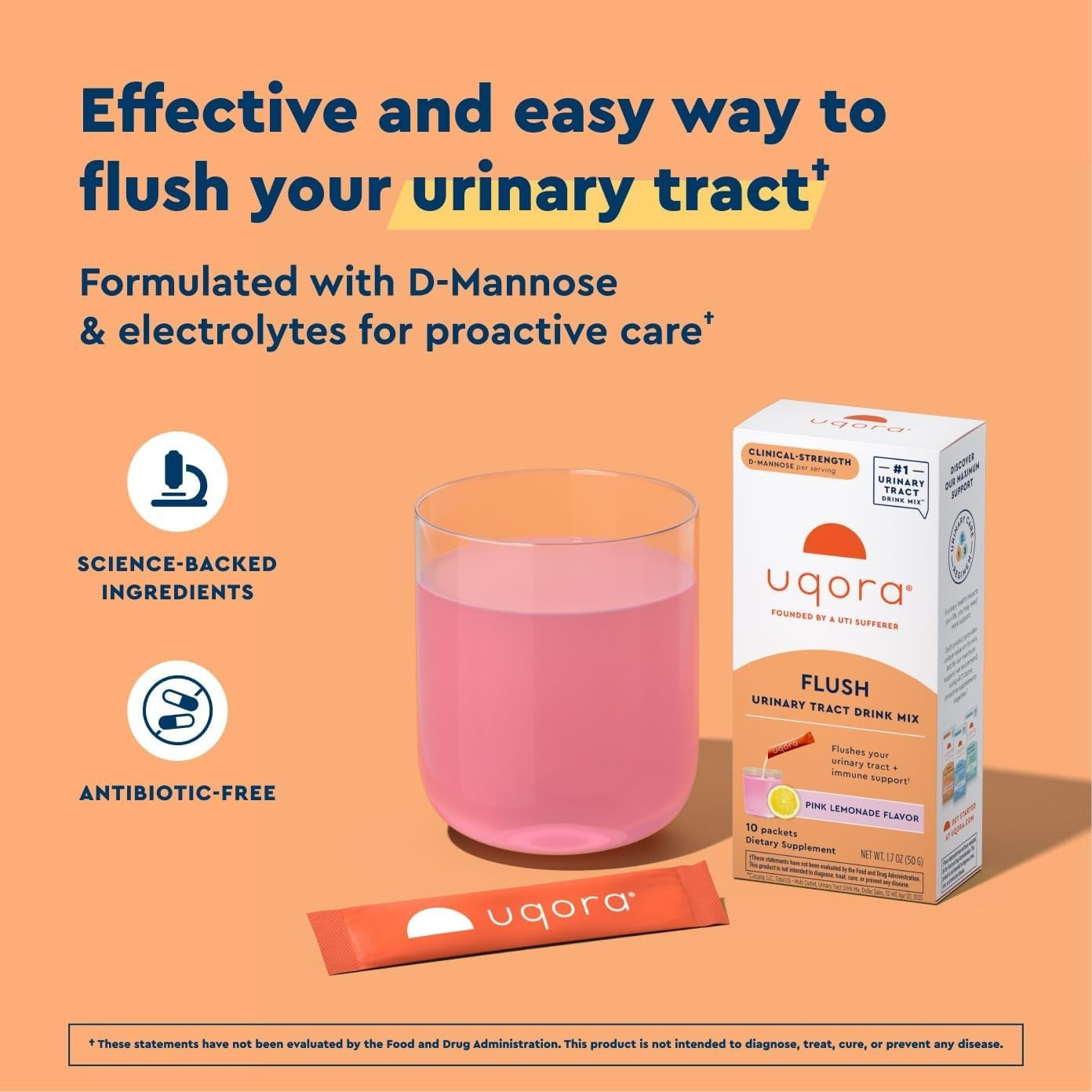 Uqora Flush - Urinary Tract* with D-Mannose - Pink Lemonade Flavor - 10 Packets