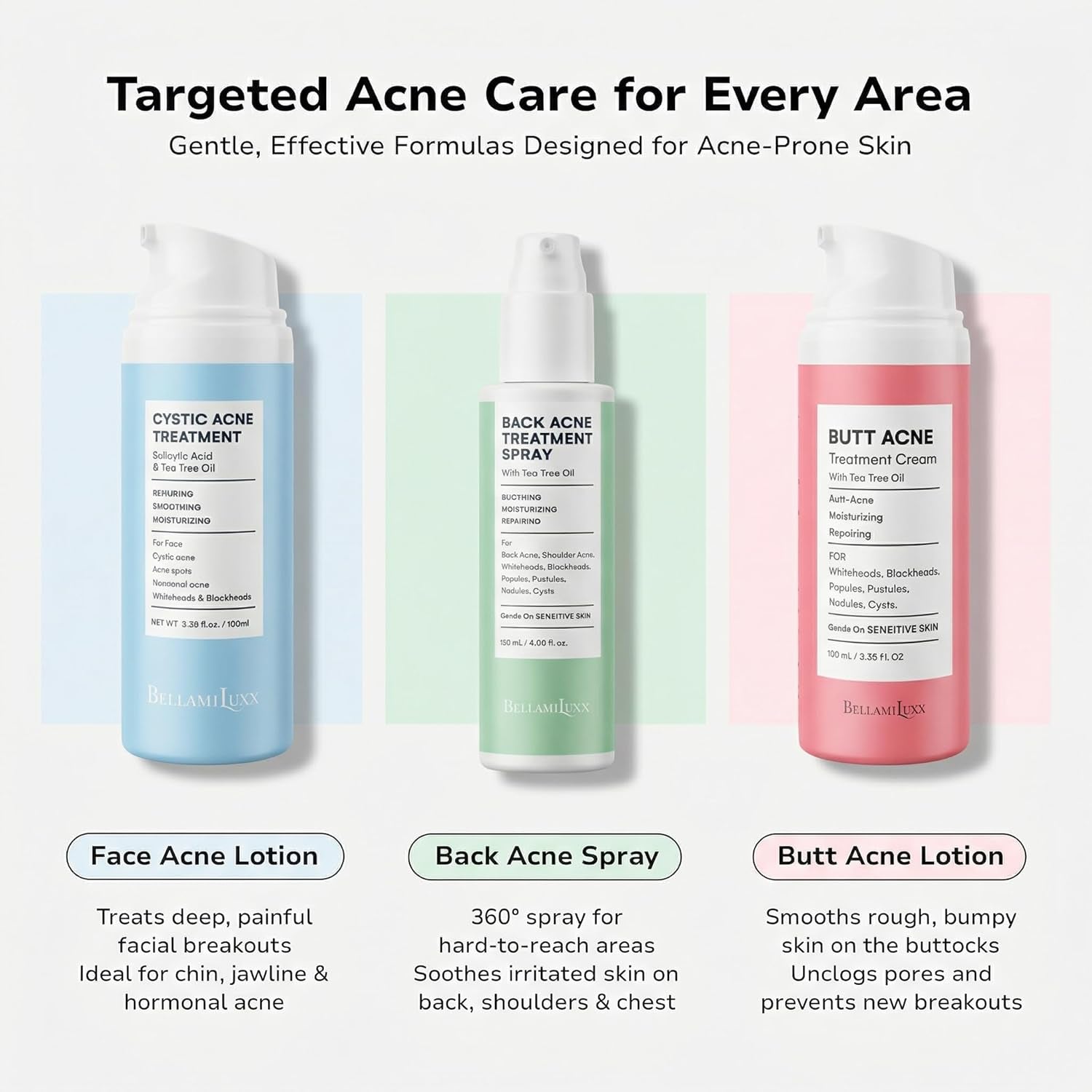 Bellamiluxx Butt Acne Clearing Treatment Cream: Body Acne Treatment for Folliculitis and Pimples on Buttocks, Thighs, and Body with 2% Salicylic Acid & Tea Tree Oil - Butt Cream for Smooth Skin