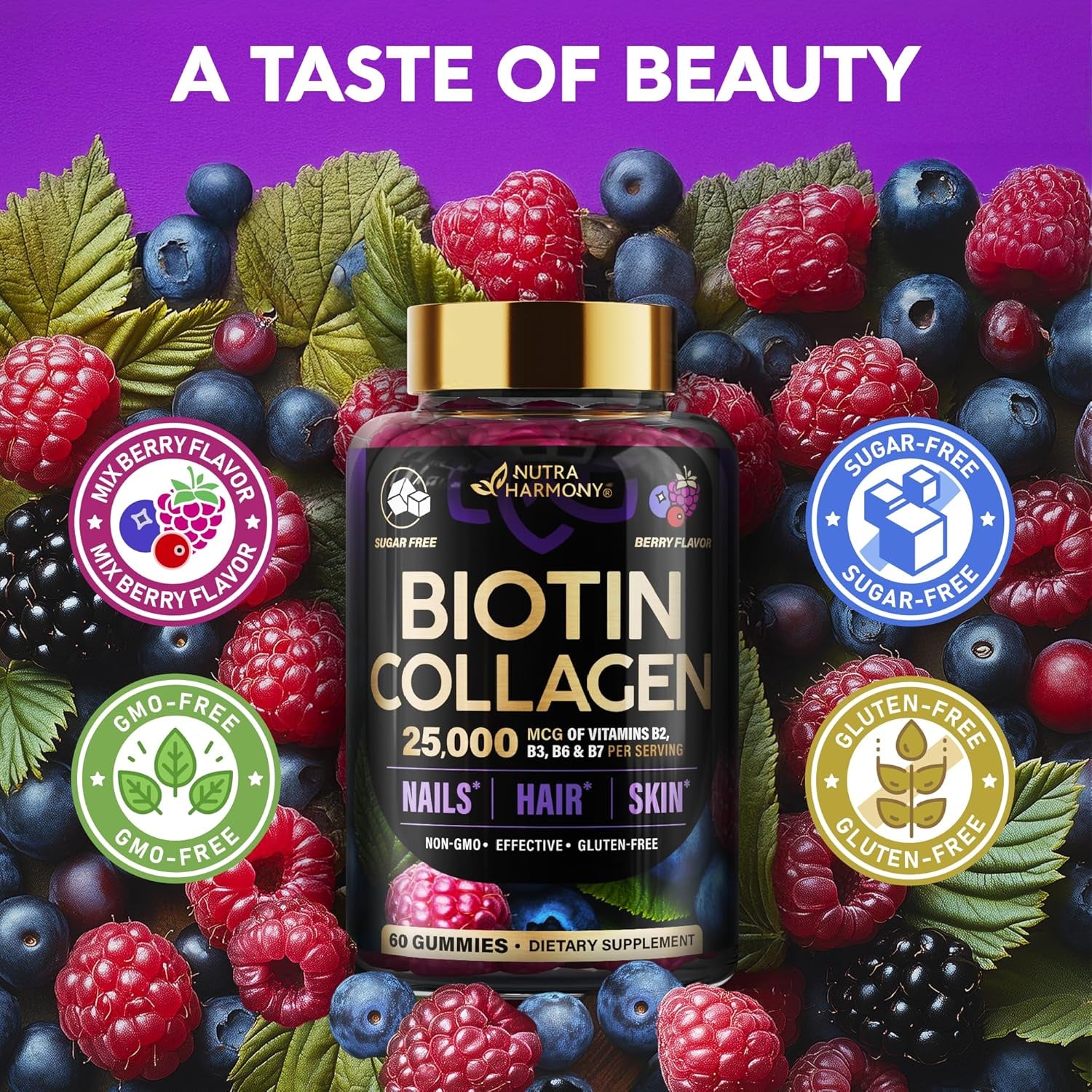 NUTRAHARMONY Biotin, Collagen & Hyaluronic Acid Gummies | Hair, Skin & Nail Support | Sugar-Free | 60 Count