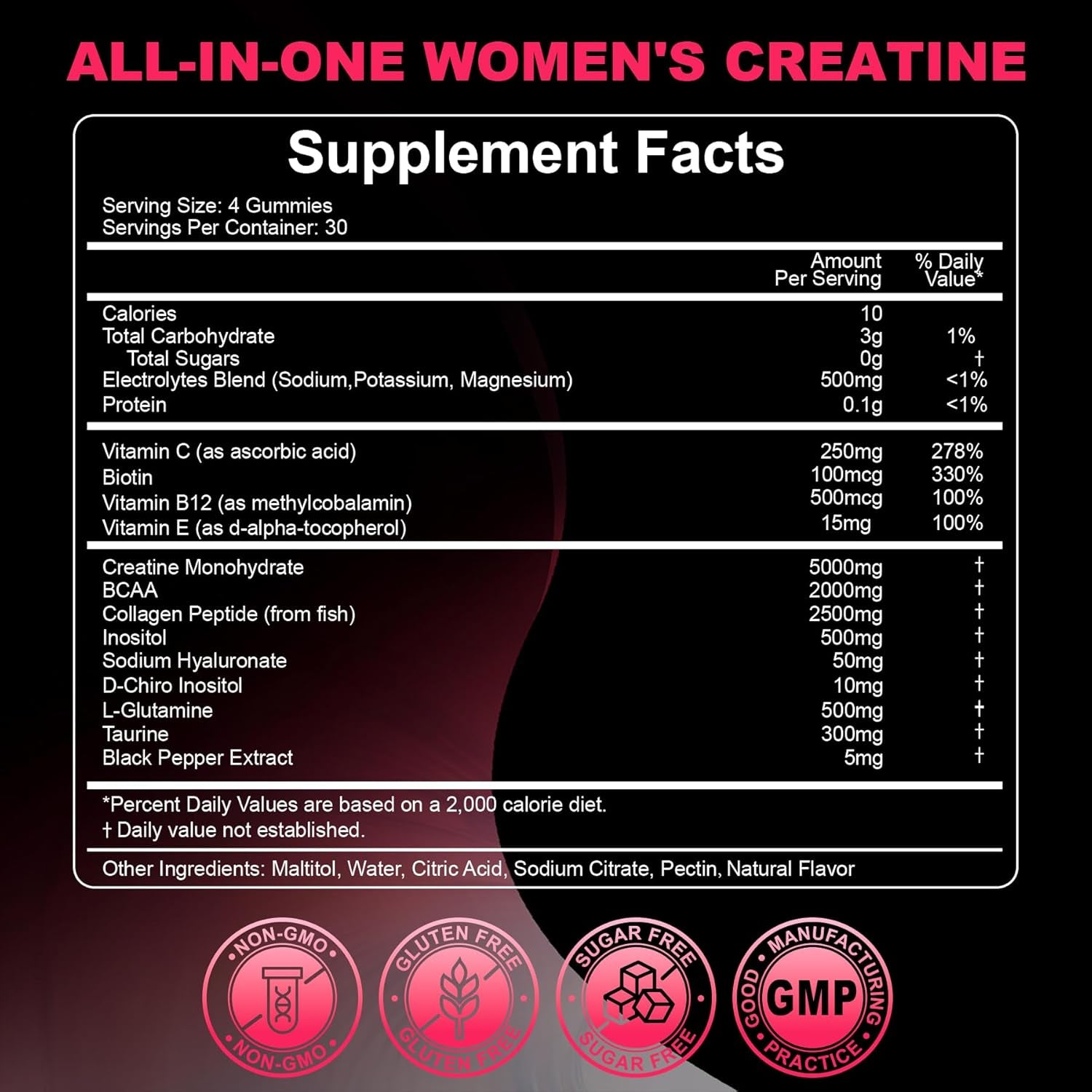 Creatine for Women, Creatine Monohydrate Gummies with Collagen, BCAA, L-Carnitine & Taurine, Strawberry Flavor, Energy Creatine Supplement for Muscle Strength, Energy Boost, Sugar Free, 120 Count
