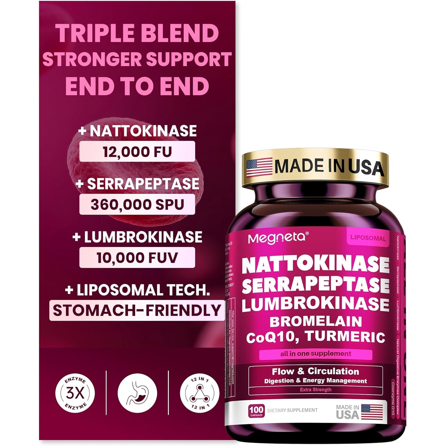 Nattokinase Supplement 12,000 FU (Max Strength) Serrapeptase 360,000 Spu, Lumbrokinase 10,000 FUV & Coq10 -Systemic Enzymes Complex for Cardiovascular & Circulatory Health Support-100 Capsule