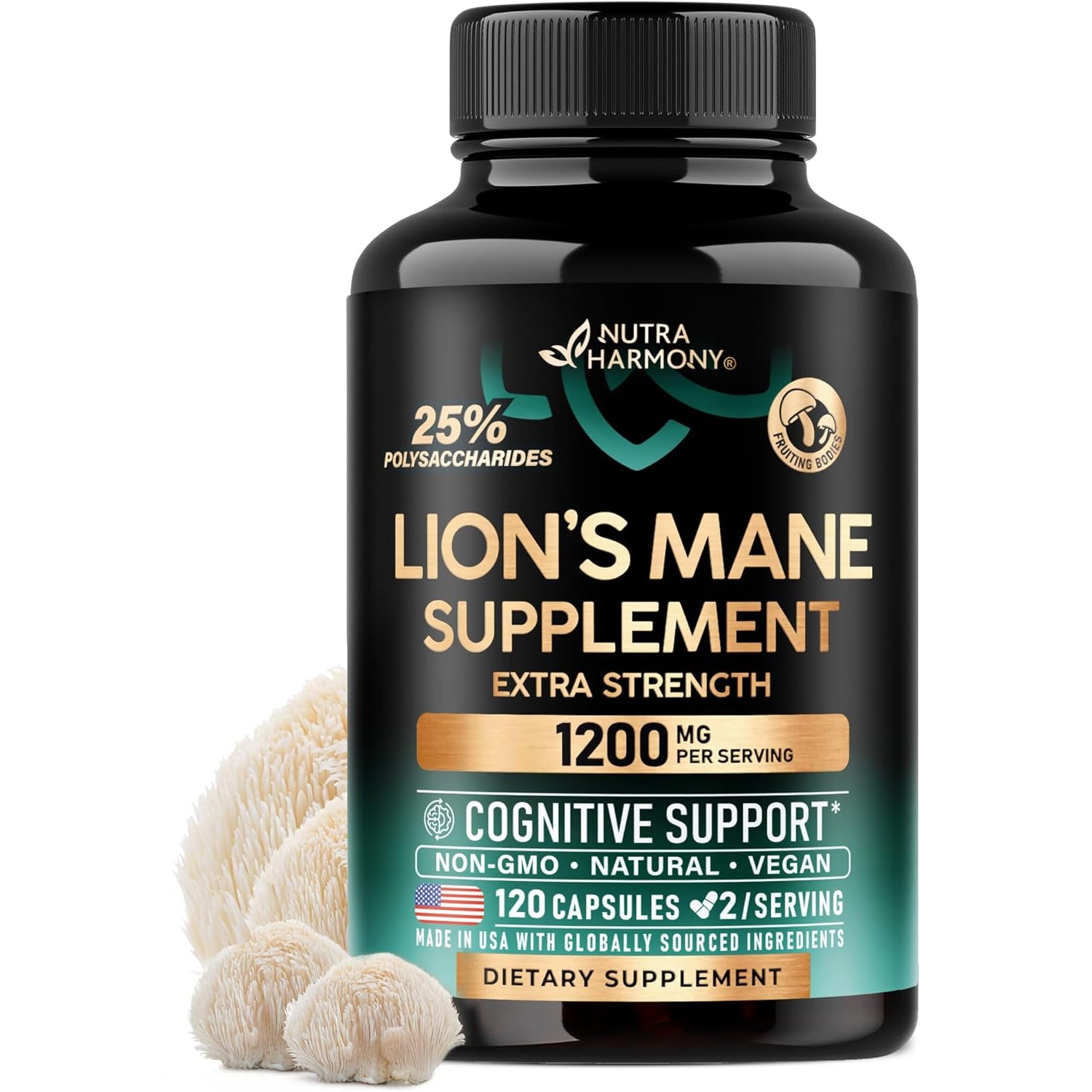 NUTRAHARMONY Lion's Mane Mushroom Supplement — 120 Capsules | High-Strength Polysaccharides | Brain, Focus & Cognitive Support