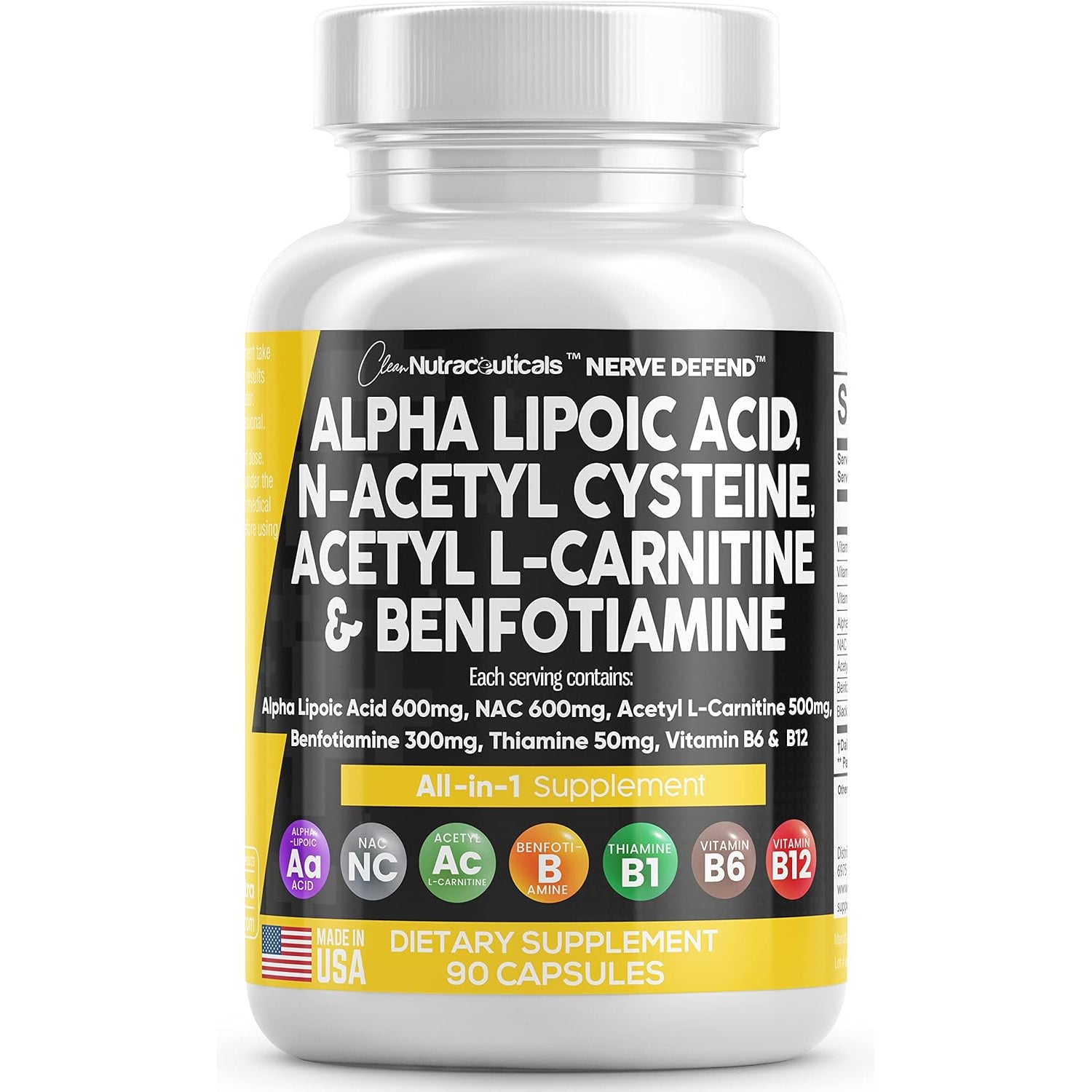 Clean Nutraceuticals Nerve Support Complex – 90 Capsules | Alpha Lipoic Acid 600mg, NAC 600mg, Acetyl L-Carnitine 500mg & Benfotiamine 300mg | Vitamins B1, B6 & B12