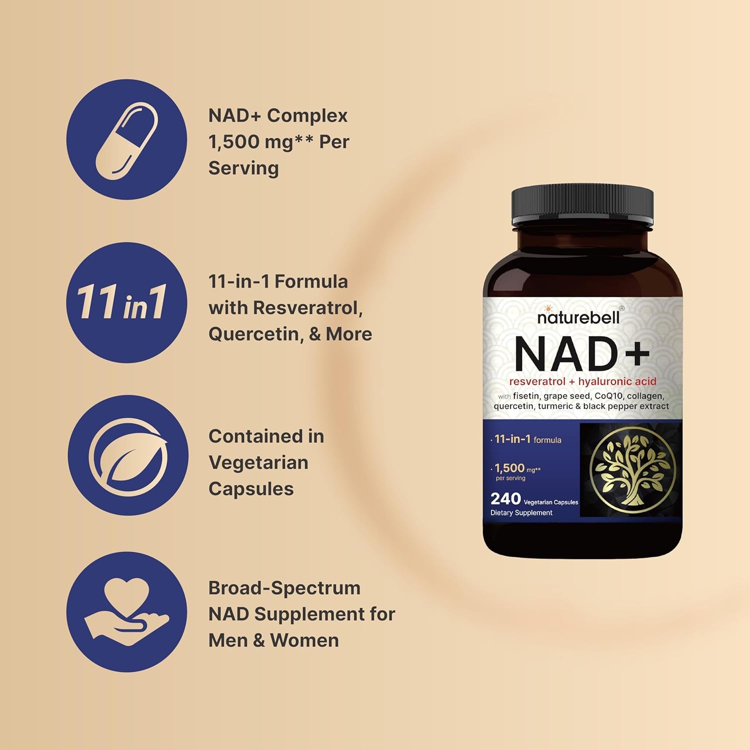 Naturebell NAD+ 11-in-1 Complex – 1500mg NMN Alternative with Resveratrol, CoQ10 & Fisetin for Cellular Energy & Healthy Ageing | 240 Capsules