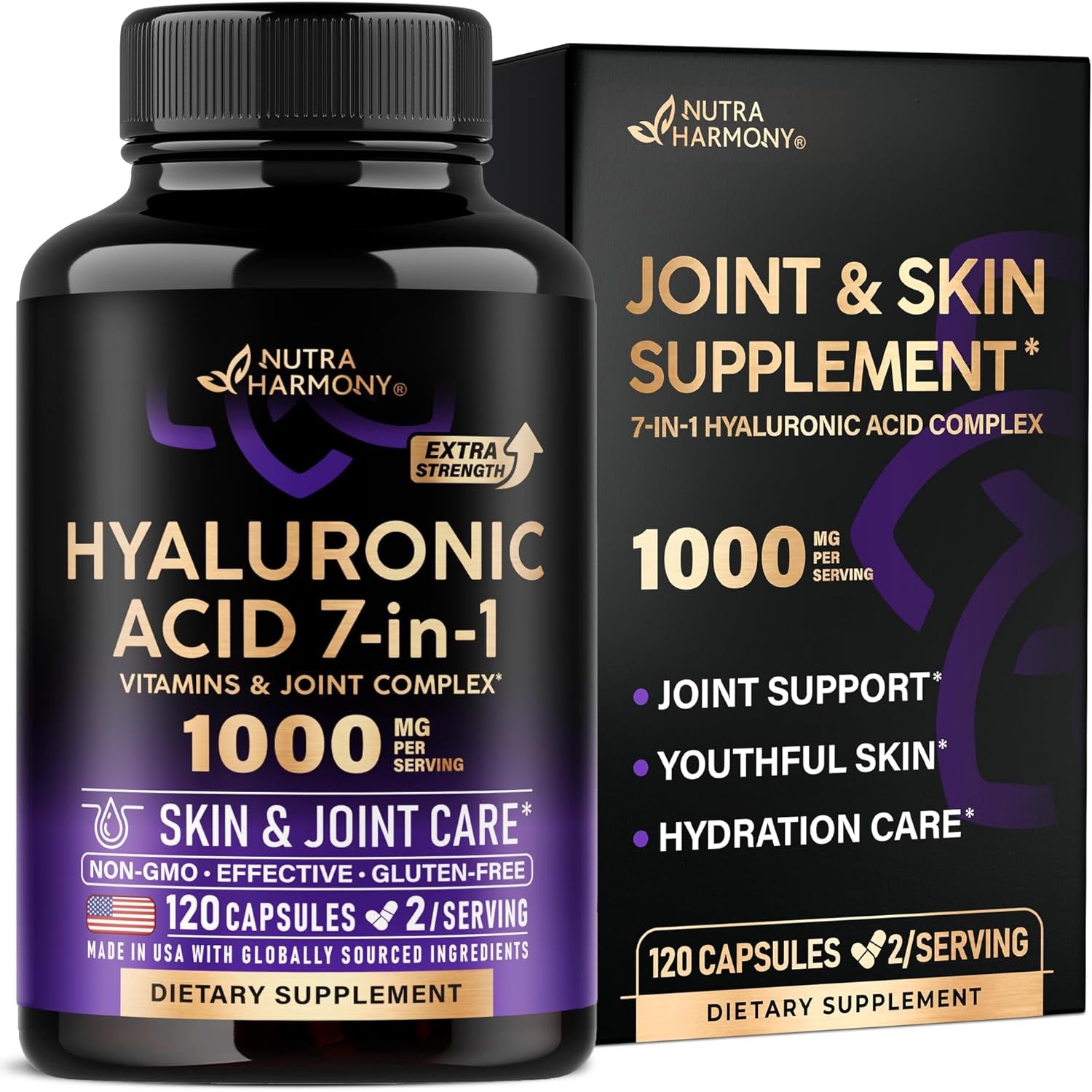 NUTRAHARMONY Hyaluronic Acid Supplement 1,000mg — 120 Capsules | Internal Skin Hydration, Joint Lubrication & Anti-Ageing Support