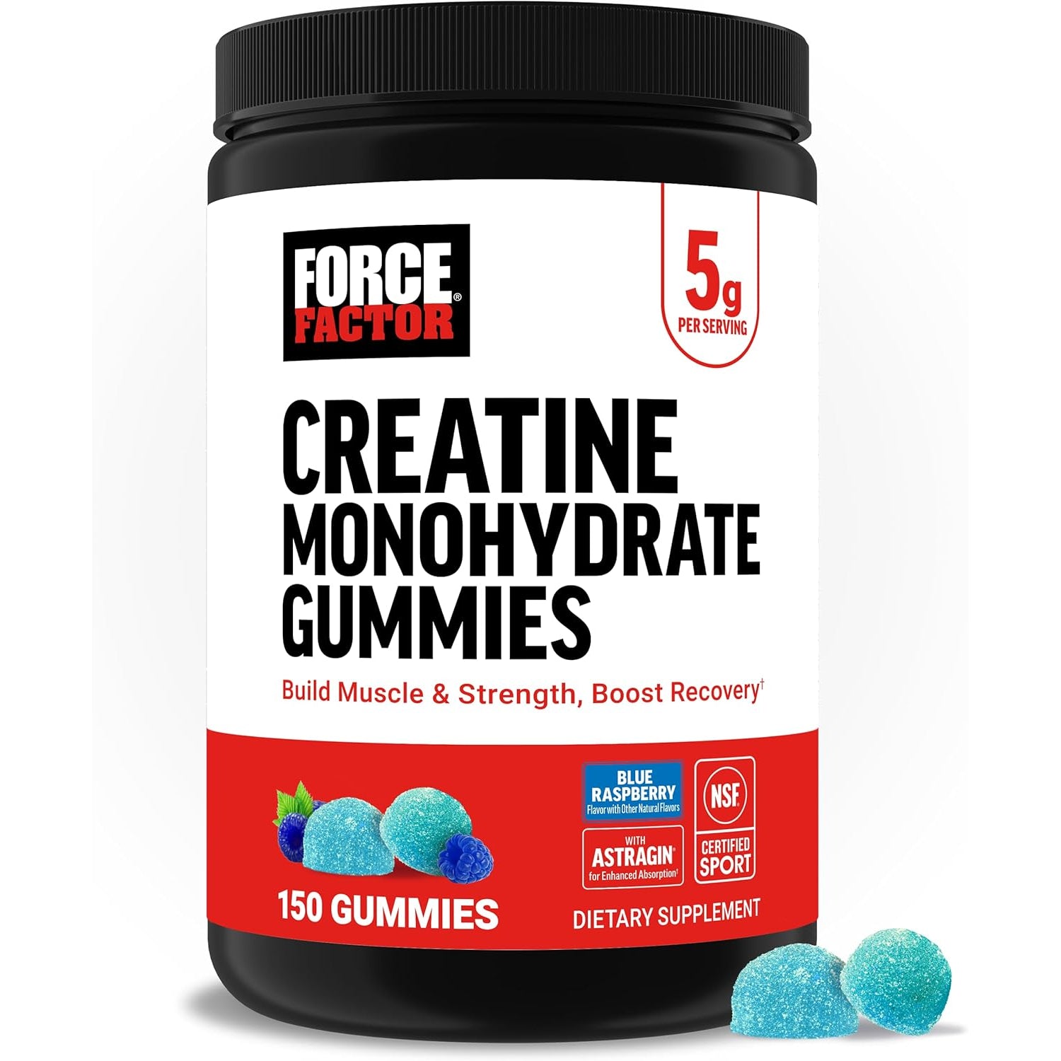 Force Factor Creatine Monohydrate Gummies, NSF Certified, 5G Dose for Men & Women to Support Muscle, Strength, Recovery, Cognitive Health & Memory, Packaging May Vary, Blue Raspberry, 150 Gummies