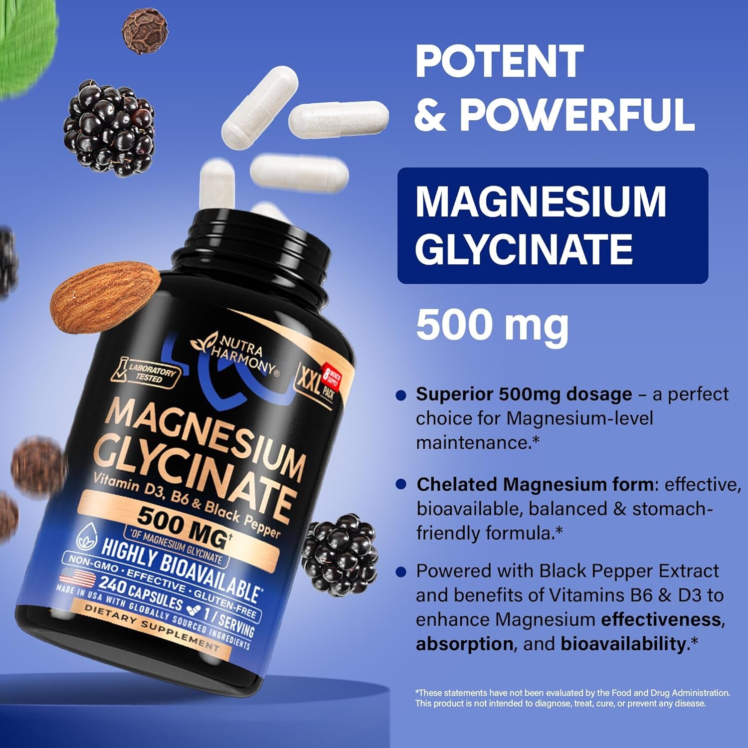 NUTRAHARMONY Magnesium Glycinate 500mg — 240 Capsules | High-Absorption Magnesium for Sleep, Relaxation & Muscle Recovery