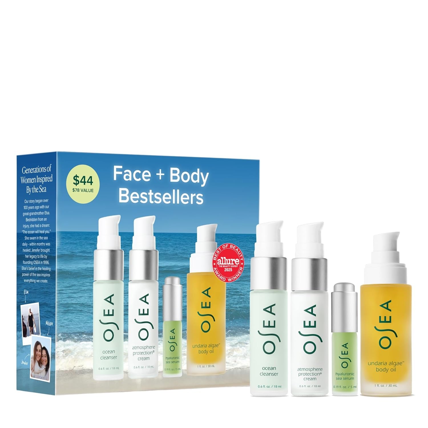 OSEA Bestsellers Set for Face + Body -4-Piece Skin Care Set - Body Oil, Face Cleanser, Face Cream, & Hyaluronic Acid Serum - Clean Beauty Travel Set - Ideal for Beauty Gifts