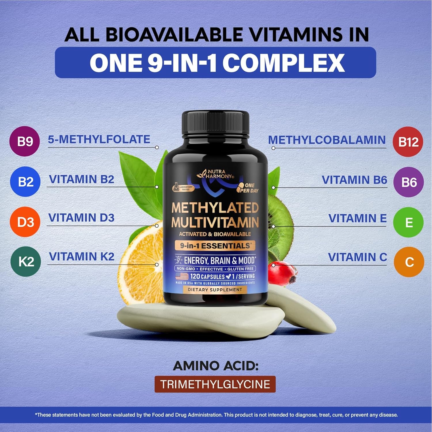 NutraHarmony 9-in-1 Methylated Multivitamin – 120 Vegan Capsules | B2, B6, B12, 5-MTHF & TMG | Vitamins C, D3, E & K2 | Energy, Brain & Mood Support