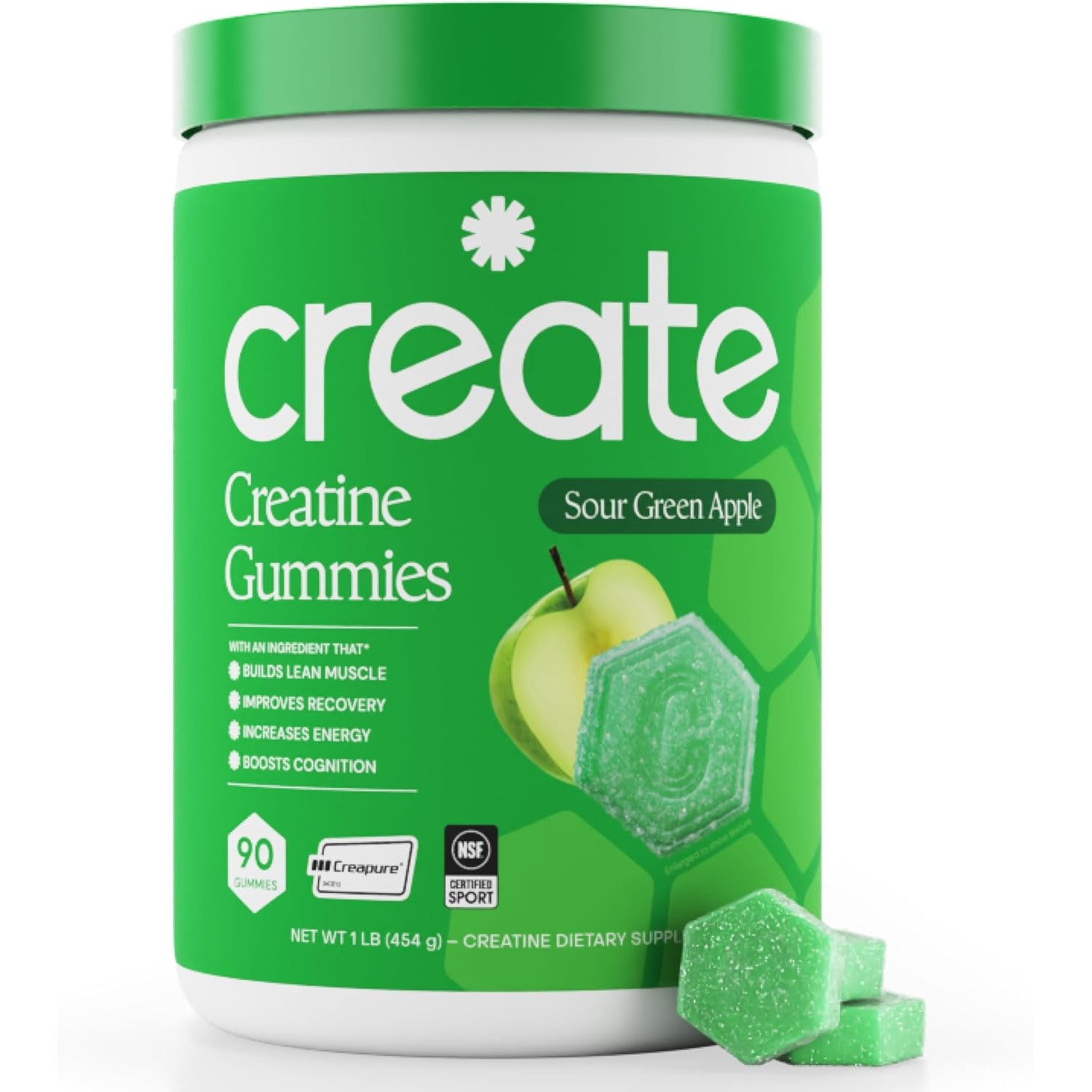Create Creatine Monohydrate Gummies – Sour Green Apple | 1.5g Per Gummy | Vegan & Gluten-Free | Strength, Focus & Endurance for Men & Women