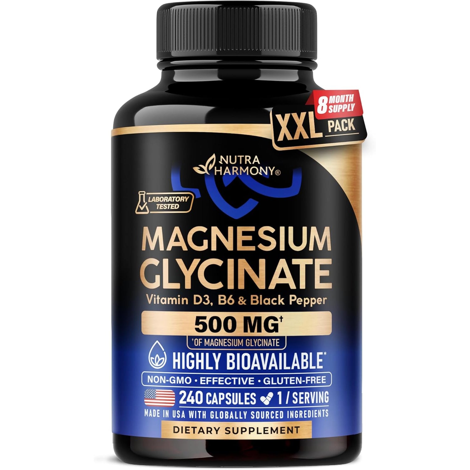 NUTRAHARMONY Magnesium Glycinate 500mg — 240 Capsules | High-Absorption Magnesium for Sleep, Relaxation & Muscle Recovery
