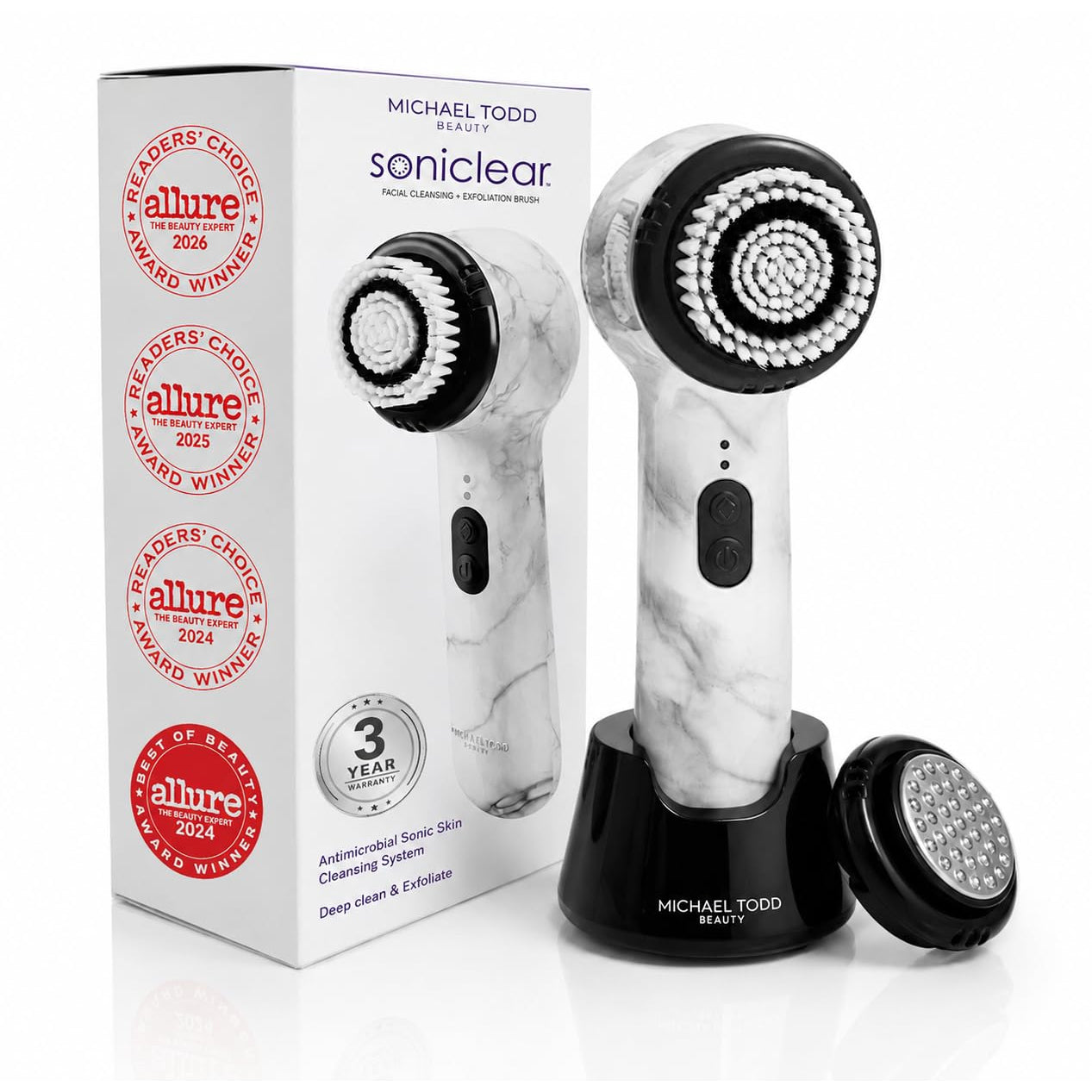 Michael Todd Beauty Soniclear Allure 2026 Reader’S Choice Award Winner Facial Cleansing + Exfoliation Brush System with Antimicrobial Protected Bristles, 4 Speeds, Serum Infusion Head + Travel Case