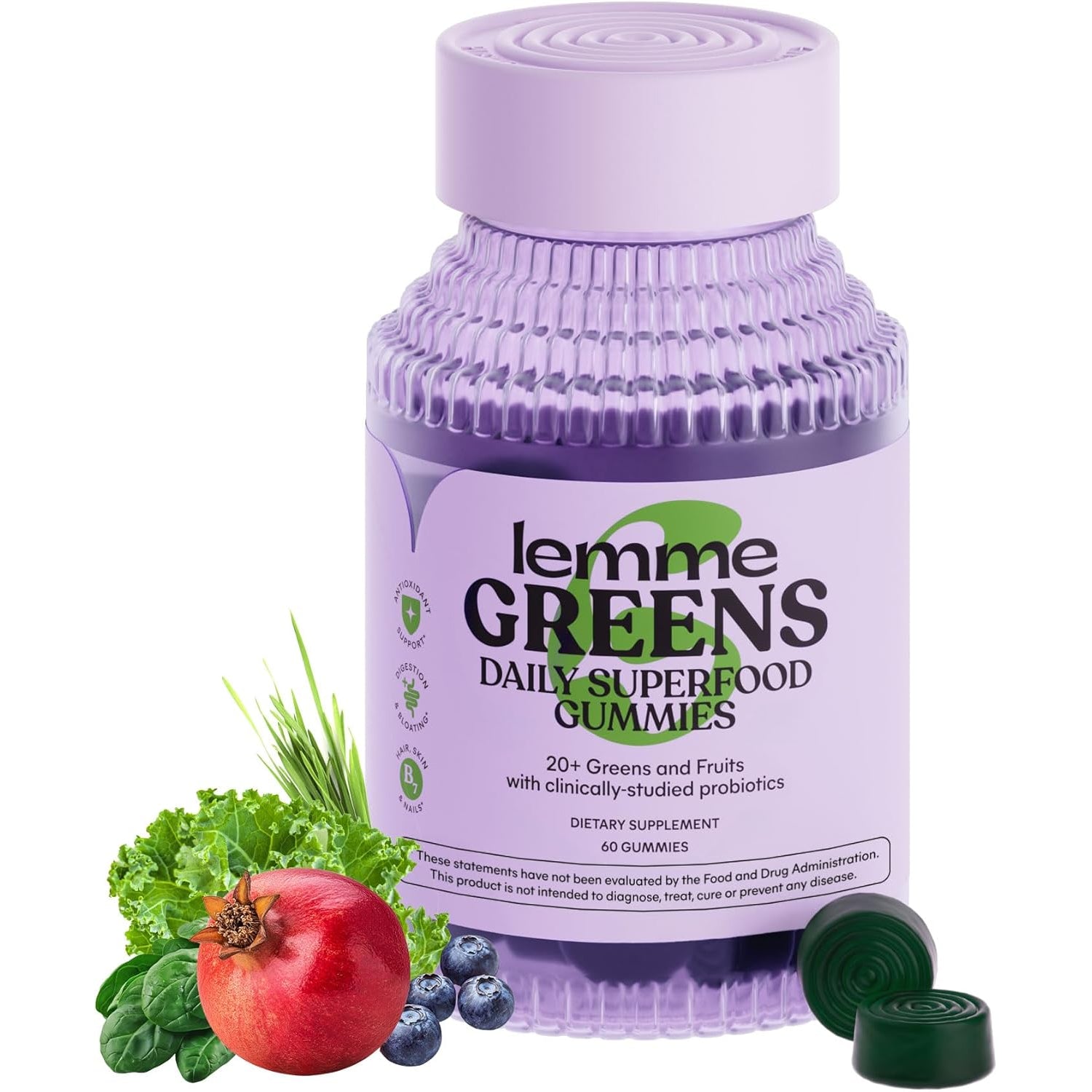 Greens Superfood Gummies W/Multi - Support Gut Health & Reduce Bloating, 20+ Organic Greens and Superfruits, Clinically Studied Probiotics, D3, B12 - Berries & Greens Flavored (60 Count)