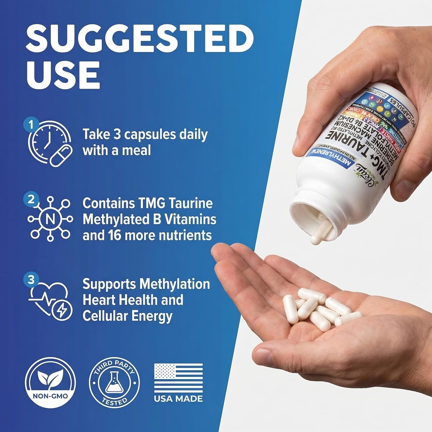Clean Nutra TMG Supplements 1000Mg | Methylated Multivitamin for Women Men | Taurine B6 Vitamins B12 D3 K2 Trimethylglycine Magnesium Methylfolate Milk Thistle NAC COQ10 B Supplement Complex Capsules