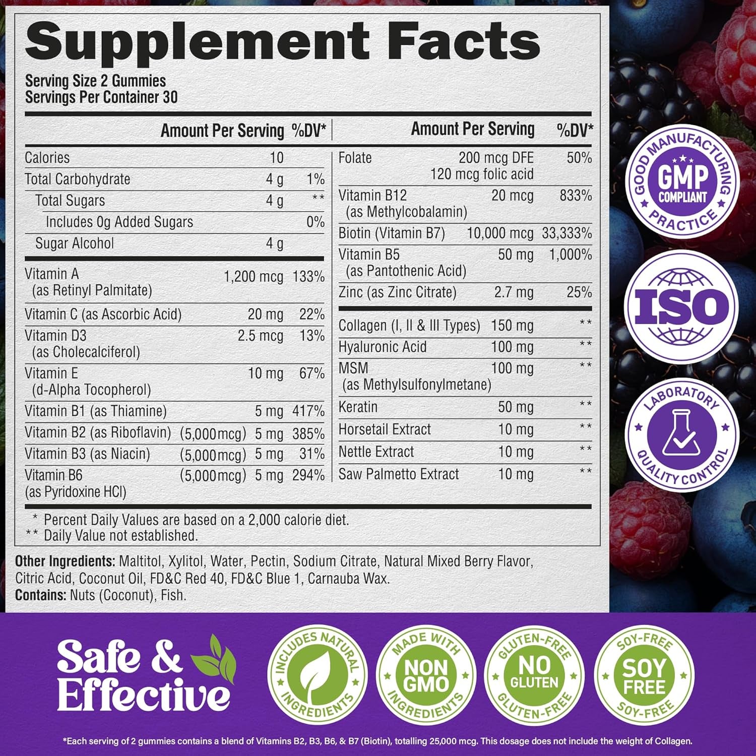 NUTRAHARMONY Biotin, Collagen & Hyaluronic Acid Gummies | Hair, Skin & Nail Support | Sugar-Free | 60 Count