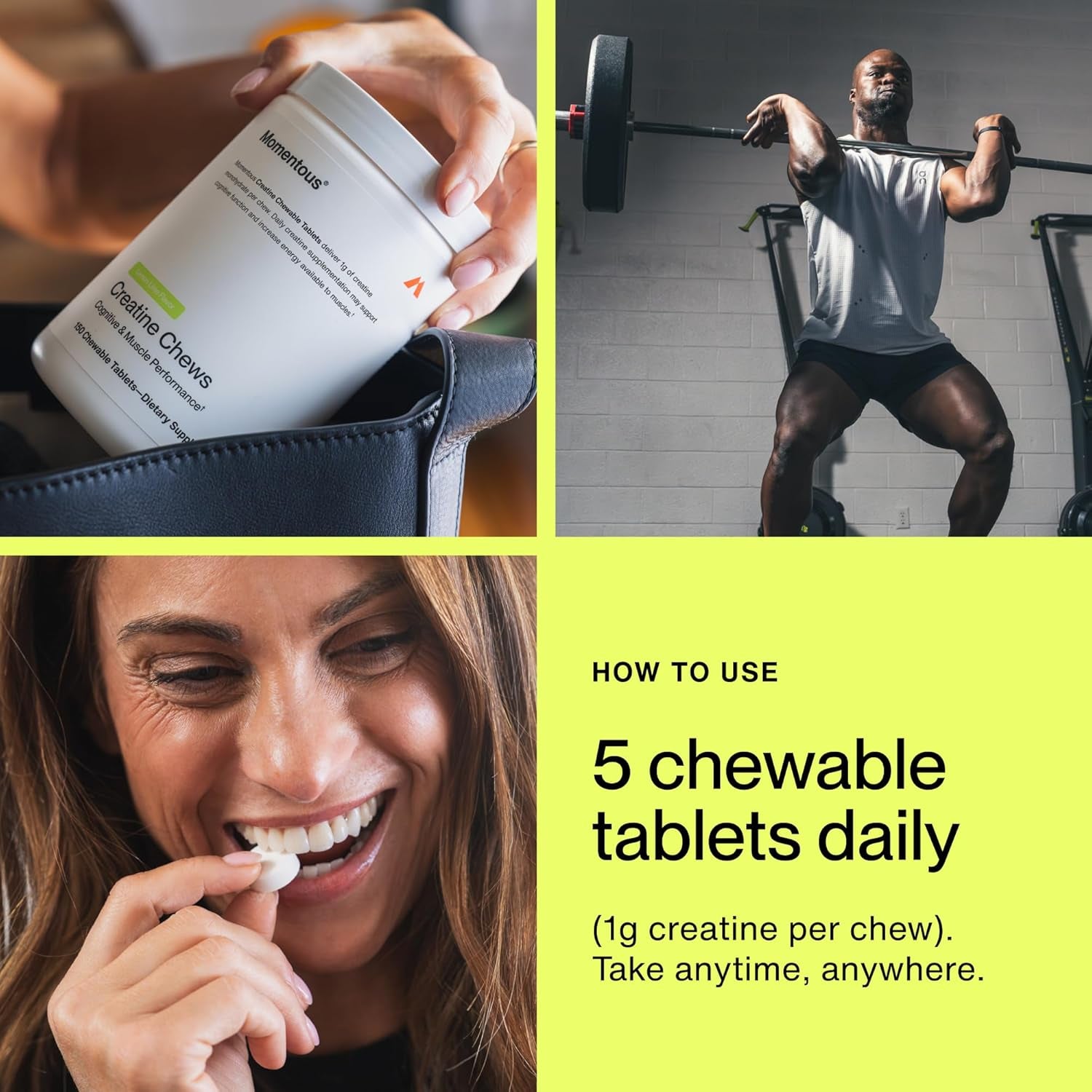 Momentous Creatine Monohydrate Chews – 150 Chewable Tablets | Lemon Lime | NSF Certified for Sport | Strength, Lean Muscle & Recovery for Men & Women
