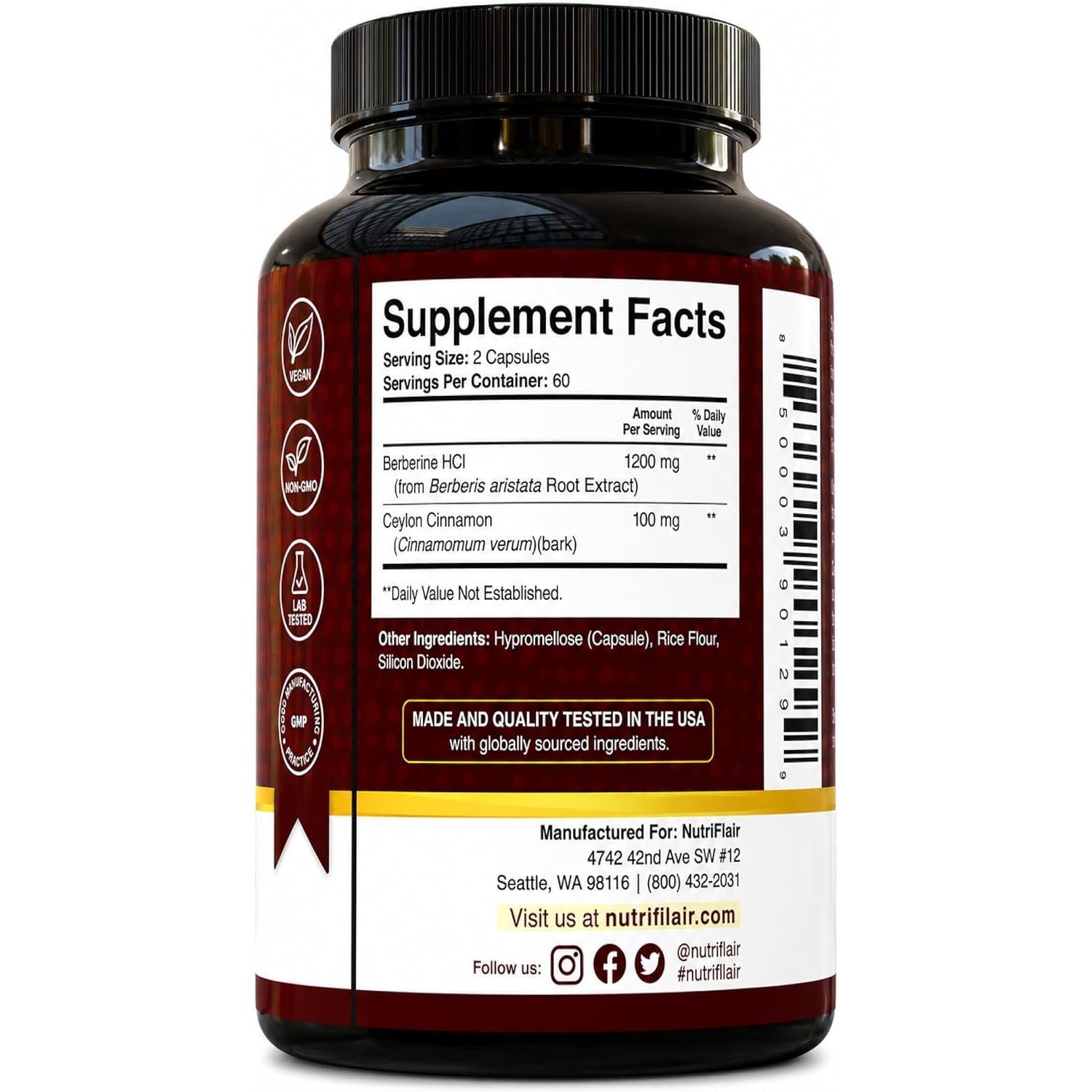 Nutriflair Berberine Hcl 1200Mg, 120 Capsules - plus Ceylon Cinnamon, Berberine HCI Root Supplements Pills - Made in USA