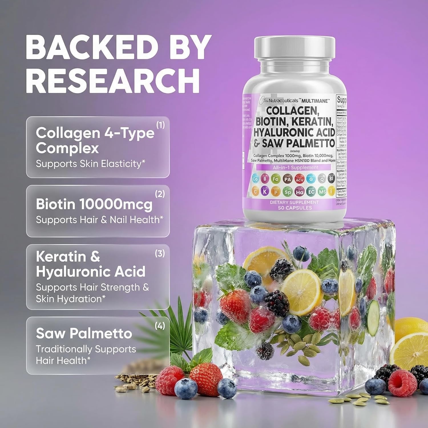 Clean Nutraceuticals Collagen Pills 1000Mg Biotin 10000Mcg Keratin Saw Palmetto Hyaluronic Acid - Hair Skin & Nails Vitamins & DHT Blocker with Vitamin E Folic Acid Pumpkin Seed MSM - 90 Count