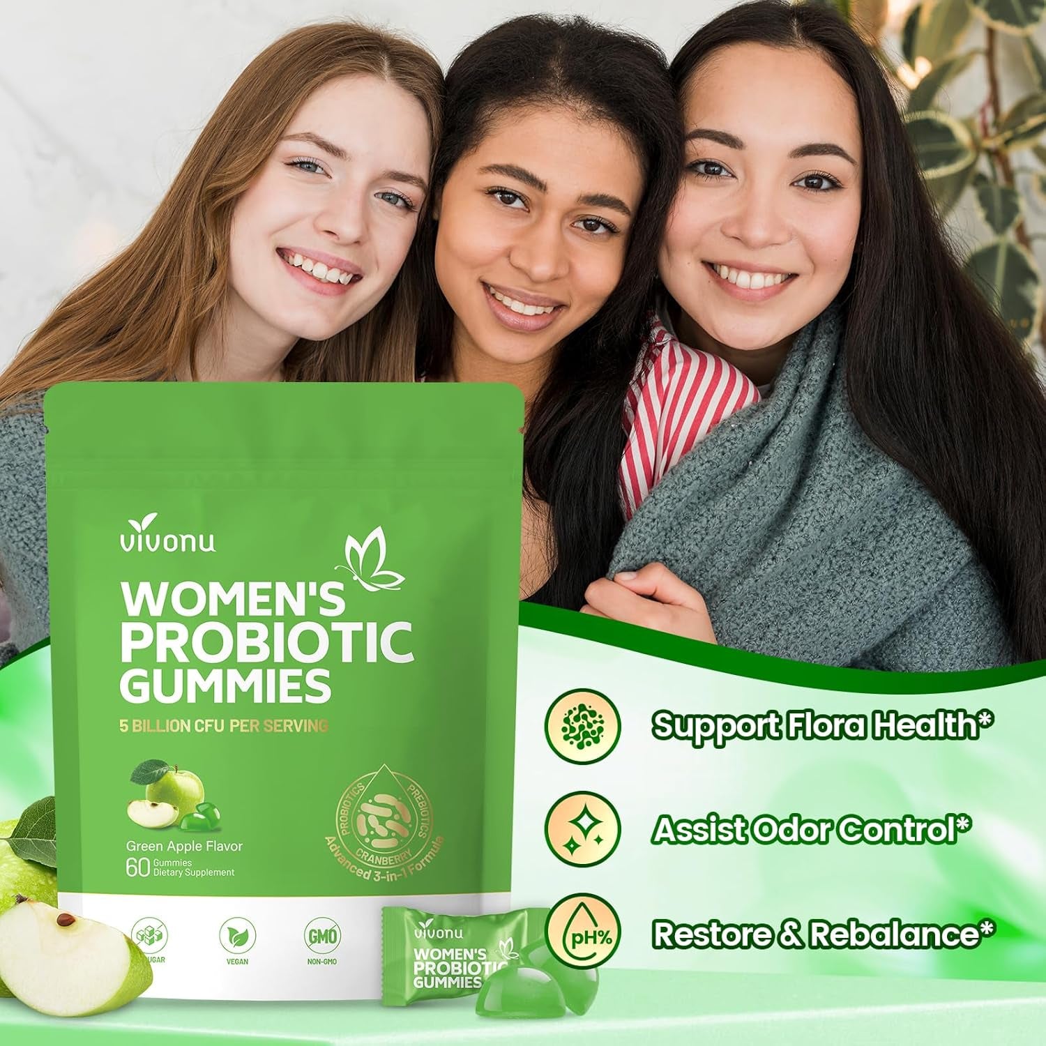 VivoNu Women's Feminine Balance Probiotic Gummies – 60 Count | Green Apple | Cranberry, Prebiotics & Lactobacillus | pH Balance & Vaginal Health Support