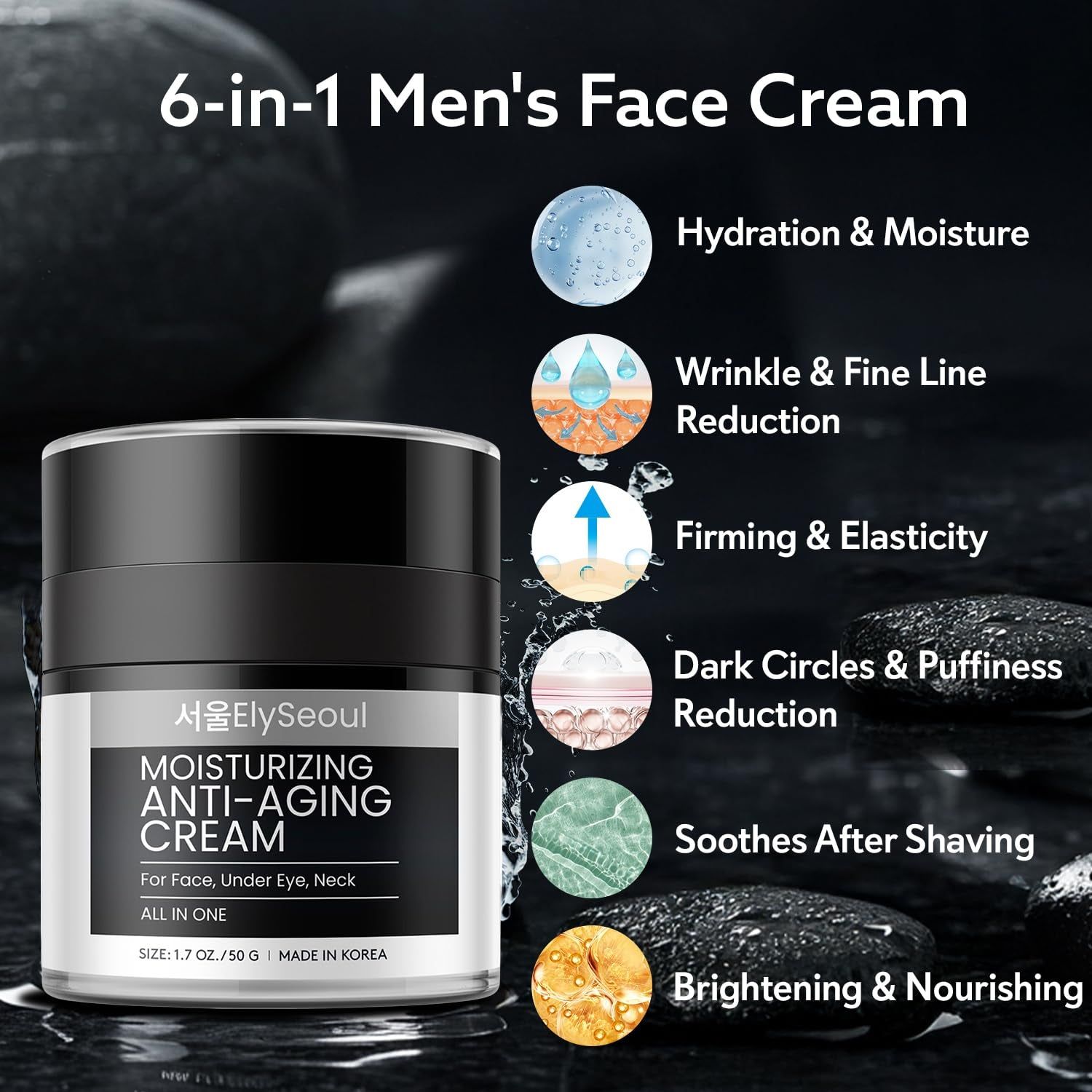 ElySeoul Moisturizing Anti-Aging Cream – 50g | 6-in-1 Skincare for Men: Hydrate, Firm, Brighten & Soothe