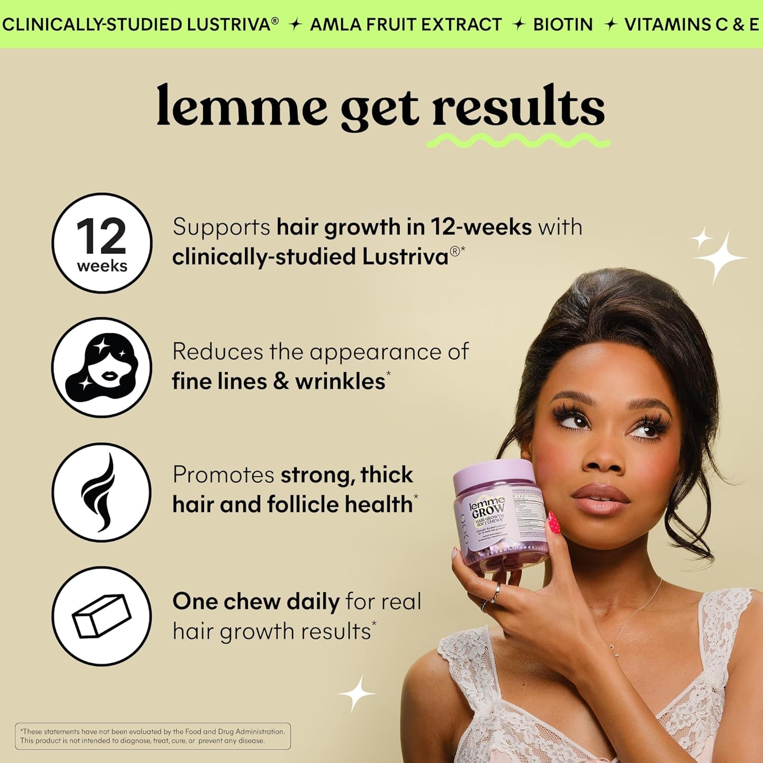 Grow Hair Growth Booster Soft Chews W/Vitamins for Women and Men with Clinically Studied Lustriva and Biotin, Promotes Thicker, Fuller, Stronger Hair, Mixed Berry, 30 Day Supply