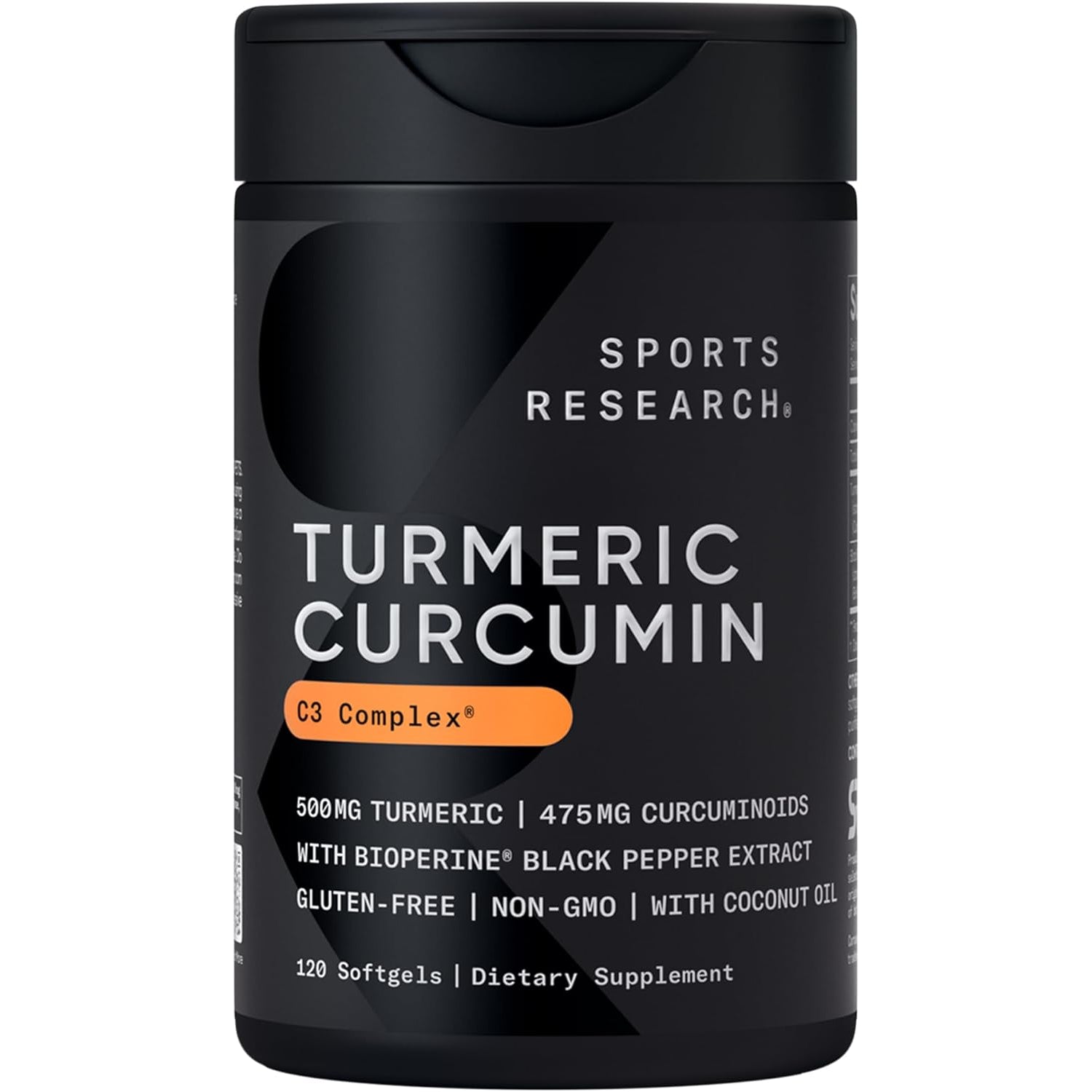 Sports Research® Turmeric Curcumin C3 Complex® W/Bioperine Black Pepper Extract & Organic Coconut Oil - Standardized 95% Curcuminoids · Non-Gmo · Gluten Free - 120 Count Softgels