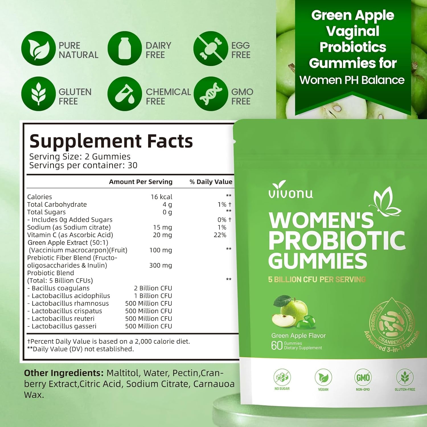 VivoNu Women's Feminine Balance Probiotic Gummies – 60 Count | Green Apple | Cranberry, Prebiotics & Lactobacillus | pH Balance & Vaginal Health Support