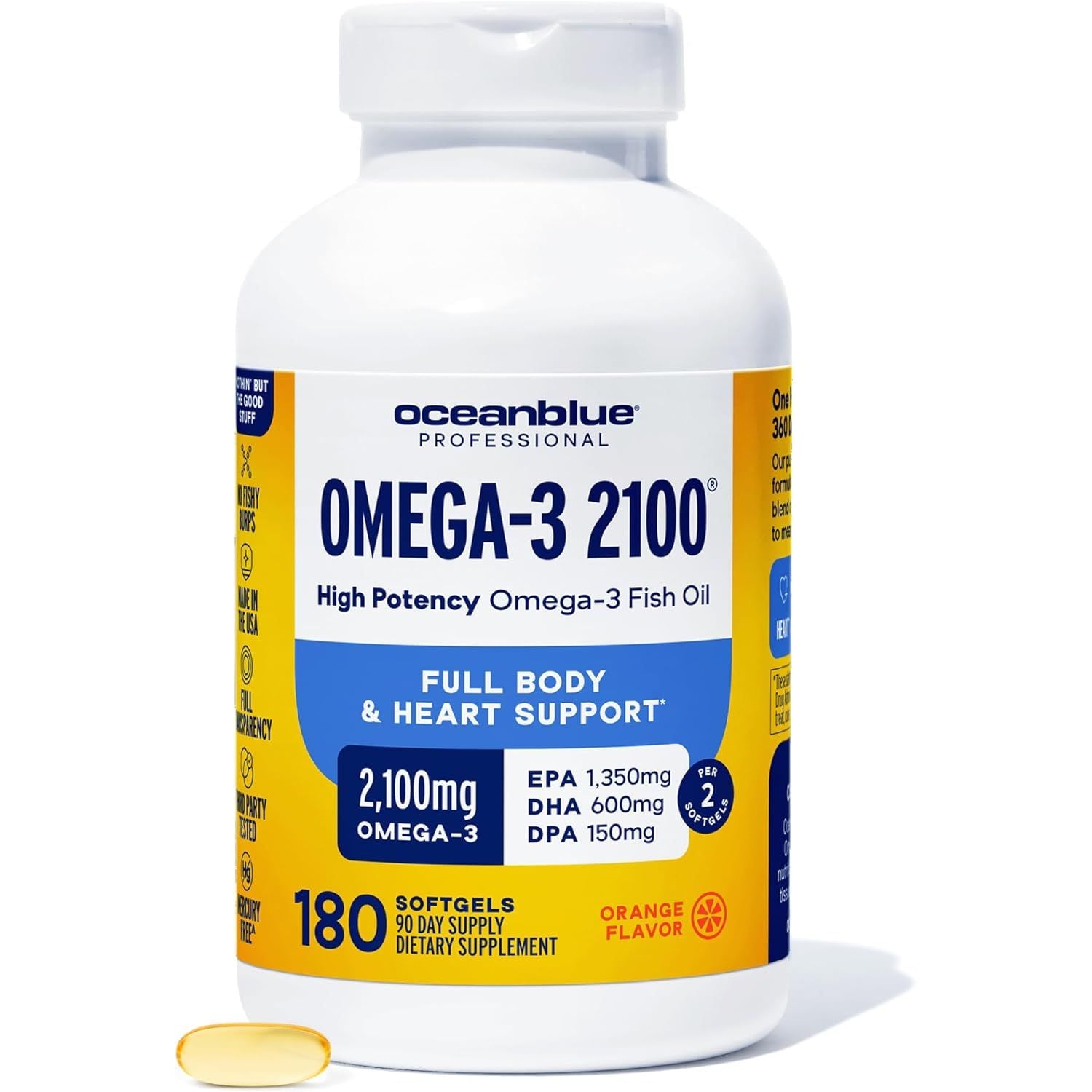 Professional Omega-3 2100 – 180 Ct – Triple Strength Burpless Fish Oil Supplement with High-Potency EPA, DHA, DPA – Wild-Caught – Orange Flavor (90 Servings)