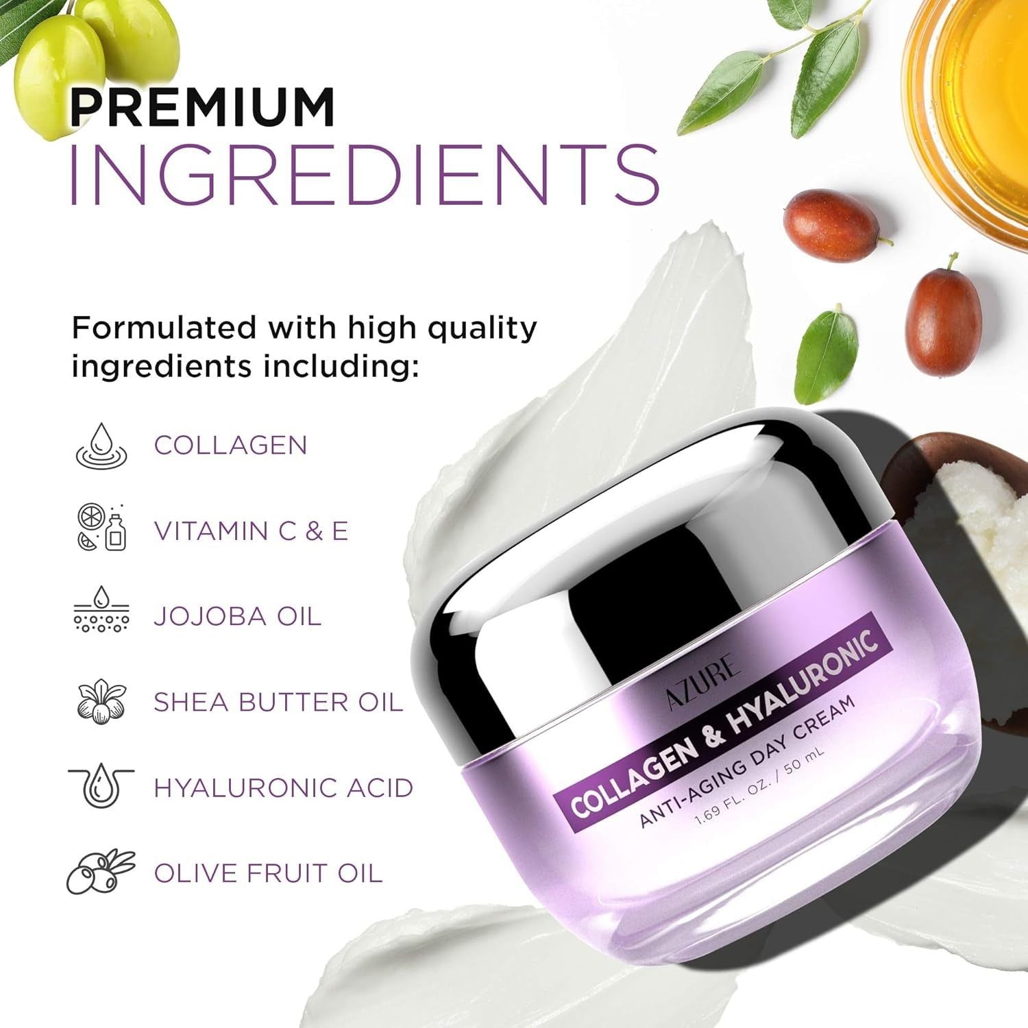 Azure Cosmetics Collagen & Hyaluronic Anti-Aging Day Cream – 50ml | Firming & Radiance-Boosting Hydration